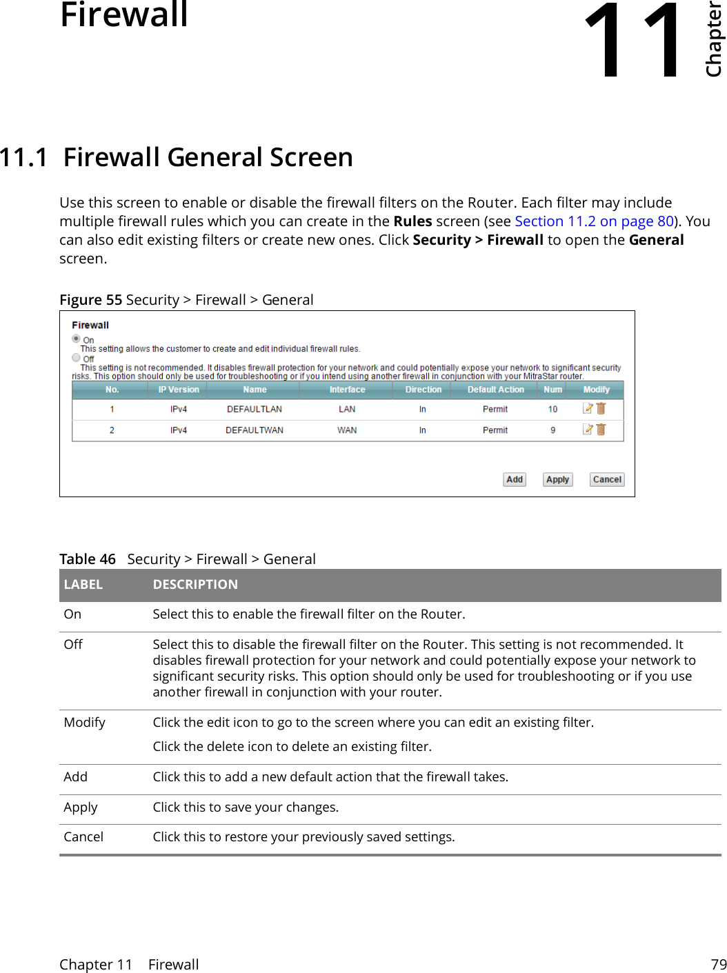 11Chapter Chapter 11    Firewall 79CHAPTER 11 Chapter 11 Firewall11.1  Firewall General ScreenUse this screen to enable or disable the firewall filters on the Router. Each filter may include multiple firewall rules which you can create in the Rules screen (see Section 11.2 on page 80). You can also edit existing filters or create new ones. Click Security &gt; Firewall to open the General screen.Figure 55 Security &gt; Firewall &gt; GeneralTable 46   Security &gt; Firewall &gt; General LABEL DESCRIPTIONOn Select this to enable the firewall filter on the Router. Off Select this to disable the firewall filter on the Router. This setting is not recommended. It disables firewall protection for your network and could potentially expose your network to significant security risks. This option should only be used for troubleshooting or if you use another firewall in conjunction with your router.Modify Click the edit icon to go to the screen where you can edit an existing filter.Click the delete icon to delete an existing filter.Add Click this to add a new default action that the firewall takes.Apply Click this to save your changes.Cancel Click this to restore your previously saved settings.