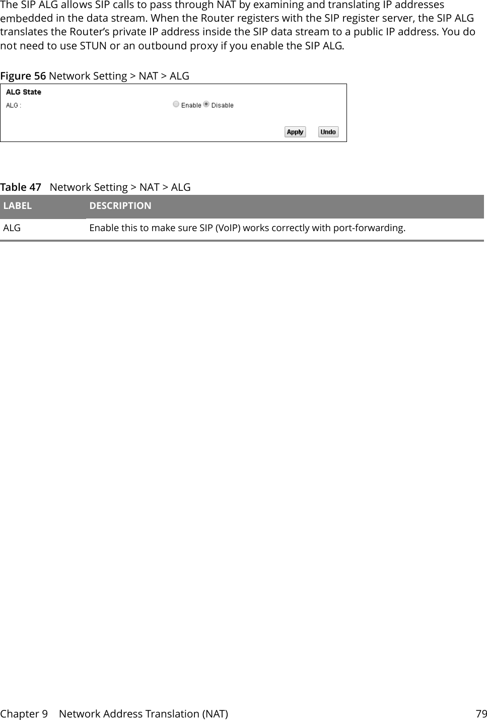 Chapter 9    Network Address Translation (NAT) 79The SIP ALG allows SIP calls to pass through NAT by examining and translating IP addresses embedded in the data stream. When the Router registers with the SIP register server, the SIP ALG translates the Router’s private IP address inside the SIP data stream to a public IP address. You do not need to use STUN or an outbound proxy if you enable the SIP ALG.Figure 56 Network Setting &gt; NAT &gt; ALG  Table 47   Network Setting &gt; NAT &gt; ALGLABEL DESCRIPTIONALG Enable this to make sure SIP (VoIP) works correctly with port-forwarding. 