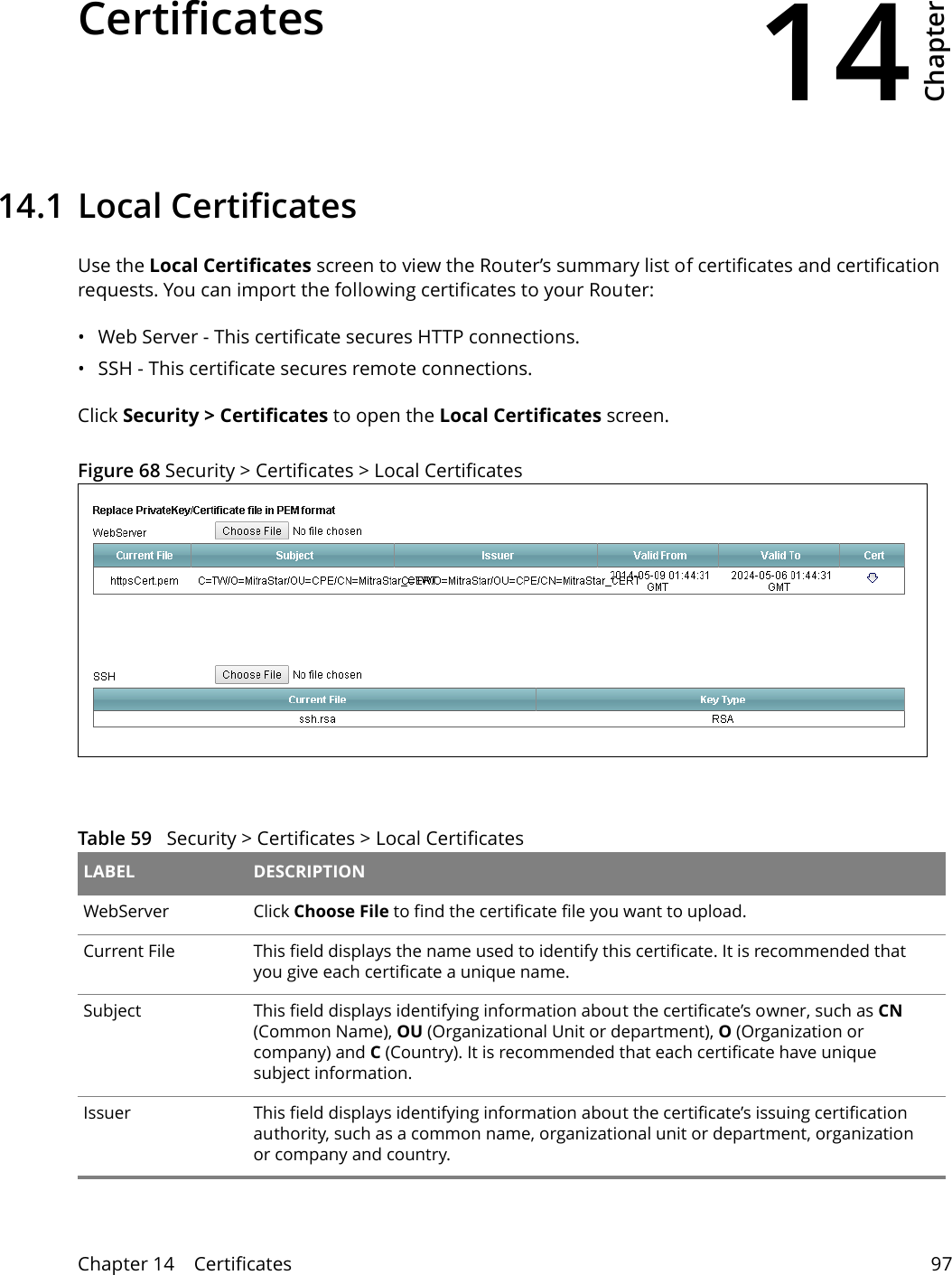 14Chapter Chapter 14    Certificates 97CHAPTER 14 Chapter 14 Certificates14.1 Local CertificatesUse the Local Certificates screen to view the Router’s summary list of certificates and certification requests. You can import the following certificates to your Router:• Web Server - This certificate secures HTTP connections.• SSH - This certificate secures remote connections.Click Security &gt; Certificates to open the Local Certificates screen. Figure 68 Security &gt; Certificates &gt; Local Certificates   Table 59   Security &gt; Certificates &gt; Local Certificates LABEL DESCRIPTIONWebServer  Click Choose File to find the certificate file you want to upload. Current File This field displays the name used to identify this certificate. It is recommended that you give each certificate a unique name. Subject This field displays identifying information about the certificate’s owner, such as CN (Common Name), OU (Organizational Unit or department), O (Organization or company) and C (Country). It is recommended that each certificate have unique subject information. Issuer This field displays identifying information about the certificate’s issuing certification authority, such as a common name, organizational unit or department, organization or company and country.