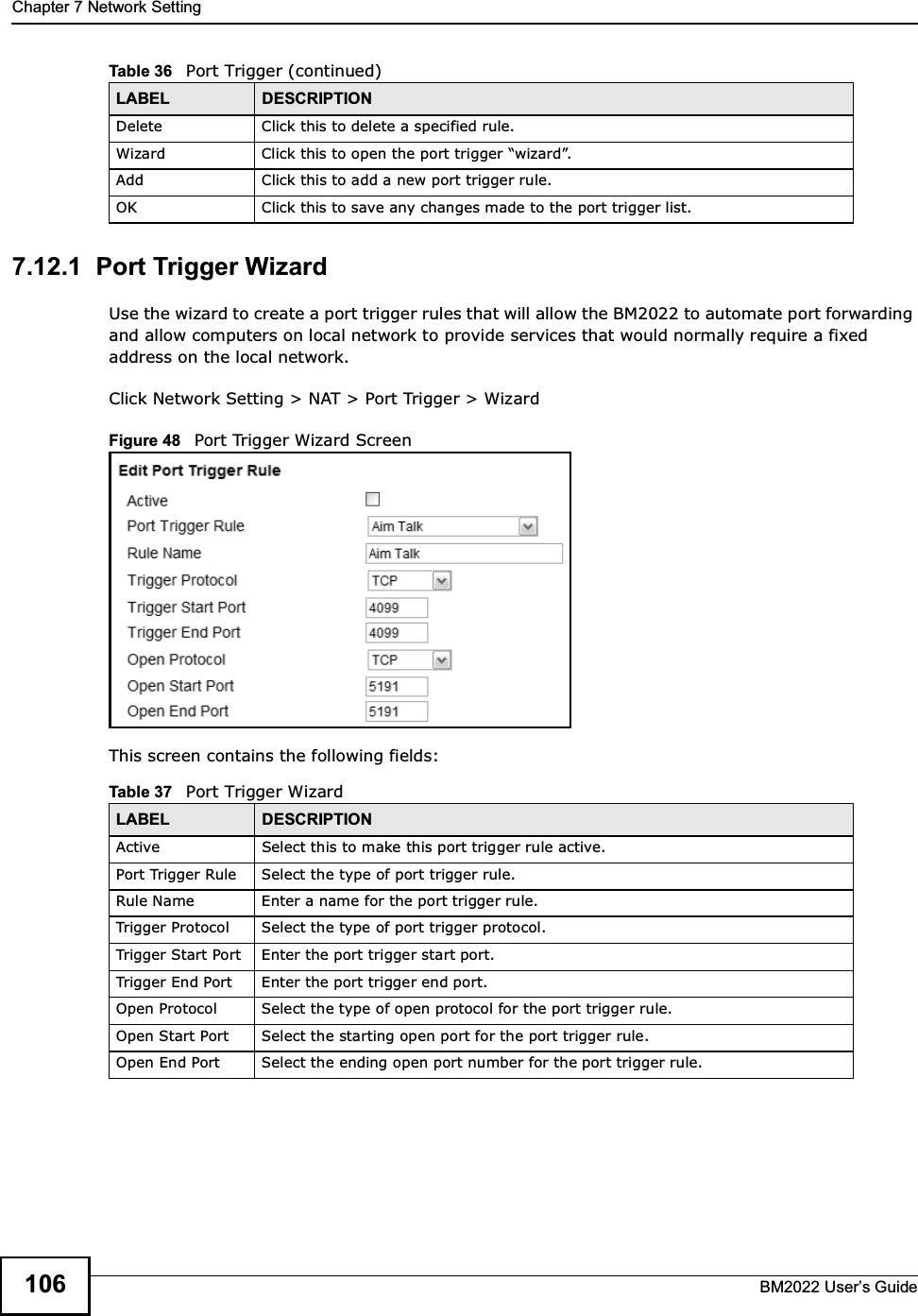 Chapter 7 Network SettingBM2022 Users Guide1067.12.1  Port Trigger WizardUse the wizard to create a port trigger rules that will allow the BM2022 to automate port forwarding and allow computers on local network to provide services that would normally require a fixed address on the local network.Click Network Setting &gt; NAT &gt; Port Trigger &gt; WizardFigure 48   Port Trigger Wizard ScreenThis screen contains the following fields:Delete Click this to delete a specified rule.Wizard Click this to open the port trigger wizard.Add Click this to add a new port trigger rule.OK Click this to save any changes made to the port trigger list.Table 36   Port Trigger (continued)LABEL DESCRIPTIONTable 37   Port Trigger WizardLABEL DESCRIPTIONActive Select this to make this port trigger rule active.Port Trigger Rule Select the type of port trigger rule.Rule Name Enter a name for the port trigger rule.Trigger Protocol Select the type of port trigger protocol.Trigger Start Port Enter the port trigger start port.Trigger End Port Enter the port trigger end port.Open Protocol Select the type of open protocol for the port trigger rule.Open Start Port Select the starting open port for the port trigger rule.Open End Port Select the ending open port number for the port trigger rule.