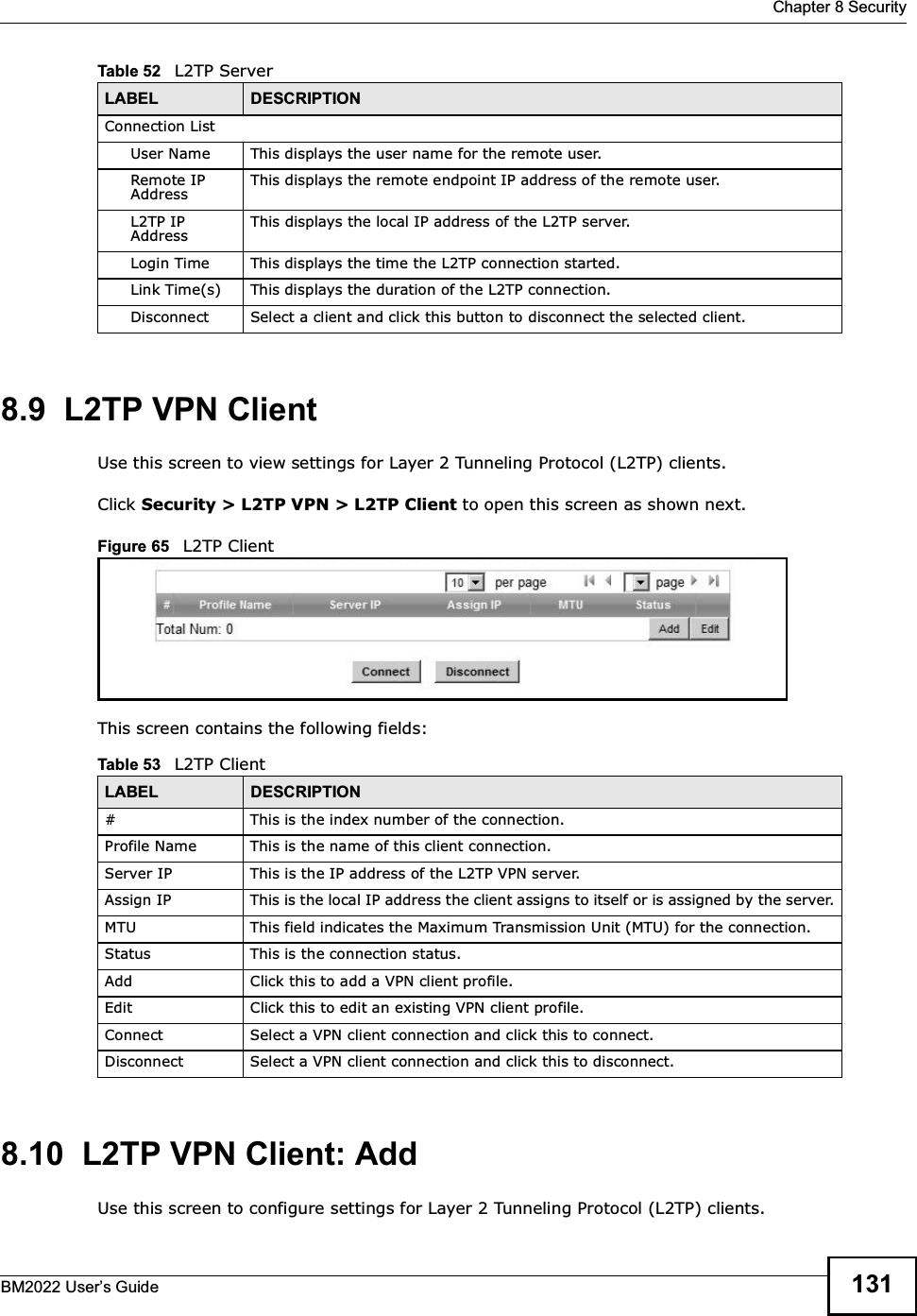  Chapter 8 SecurityBM2022 Users Guide 1318.9  L2TP VPN ClientUse this screen to view settings for Layer 2 Tunneling Protocol (L2TP) clients.Click Security &gt; L2TP VPN &gt; L2TP Client to open this screen as shown next.Figure 65   L2TP ClientThis screen contains the following fields:8.10  L2TP VPN Client: AddUse this screen to configure settings for Layer 2 Tunneling Protocol (L2TP) clients.Connection ListUser Name This displays the user name for the remote user.Remote IP AddressThis displays the remote endpoint IP address of the remote user.L2TP IP AddressThis displays the local IP address of the L2TP server.Login Time This displays the time the L2TP connection started.Link Time(s) This displays the duration of the L2TP connection.Disconnect Select a client and click this button to disconnect the selected client.Table 52   L2TP ServerLABEL DESCRIPTIONTable 53   L2TP ClientLABEL DESCRIPTION# This is the index number of the connection.Profile Name This is the name of this client connection.Server IP This is the IP address of the L2TP VPN server.Assign IP This is the local IP address the client assigns to itself or is assigned by the server.MTU This field indicates the Maximum Transmission Unit (MTU) for the connection.Status This is the connection status.Add Click this to add a VPN client profile.Edit Click this to edit an existing VPN client profile.Connect Select a VPN client connection and click this to connect.Disconnect Select a VPN client connection and click this to disconnect.