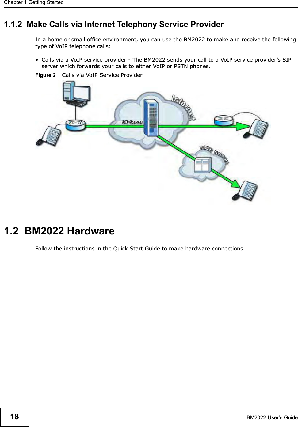 Chapter 1 Getting StartedBM2022 Users Guide181.1.2  Make Calls via Internet Telephony Service ProviderIn a home or small office environment, you can use the BM2022 to make and receive the following type of VoIP telephone calls: Calls via a VoIP service provider - The BM2022 sends your call to a VoIP service providers SIP server which forwards your calls to either VoIP or PSTN phones.Figure 2    Calls via VoIP Service Provider1.2  BM2022 HardwareFollow the instructions in the Quick Start Guide to make hardware connections.