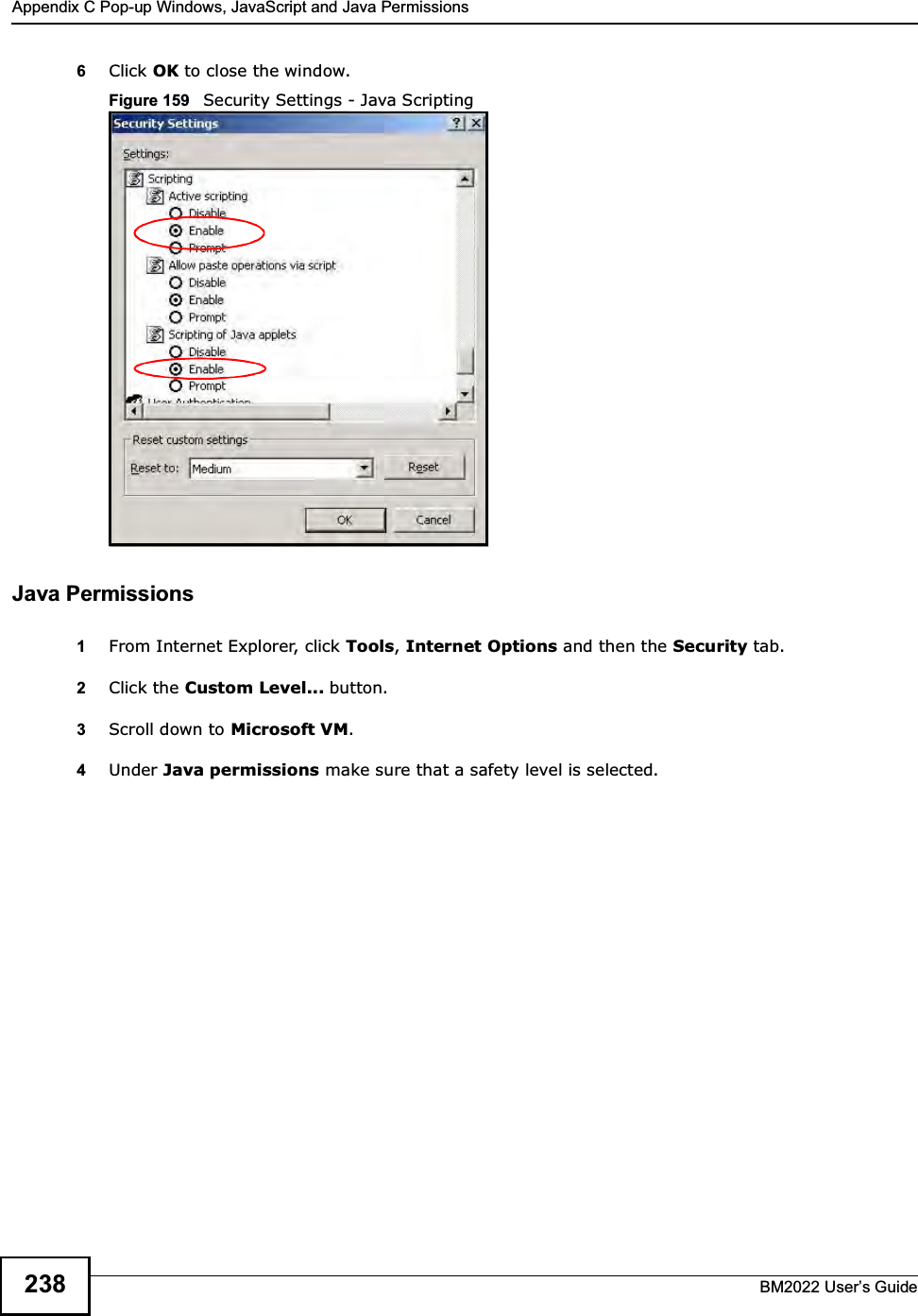 Appendix C Pop-up Windows, JavaScript and Java PermissionsBM2022 Users Guide2386Click OK to close the window.Figure 159   Security Settings - Java ScriptingJava Permissions1From Internet Explorer, click Tools, Internet Options and then the Security tab. 2Click the Custom Level... button. 3Scroll down to Microsoft VM. 4Under Java permissions make sure that a safety level is selected.