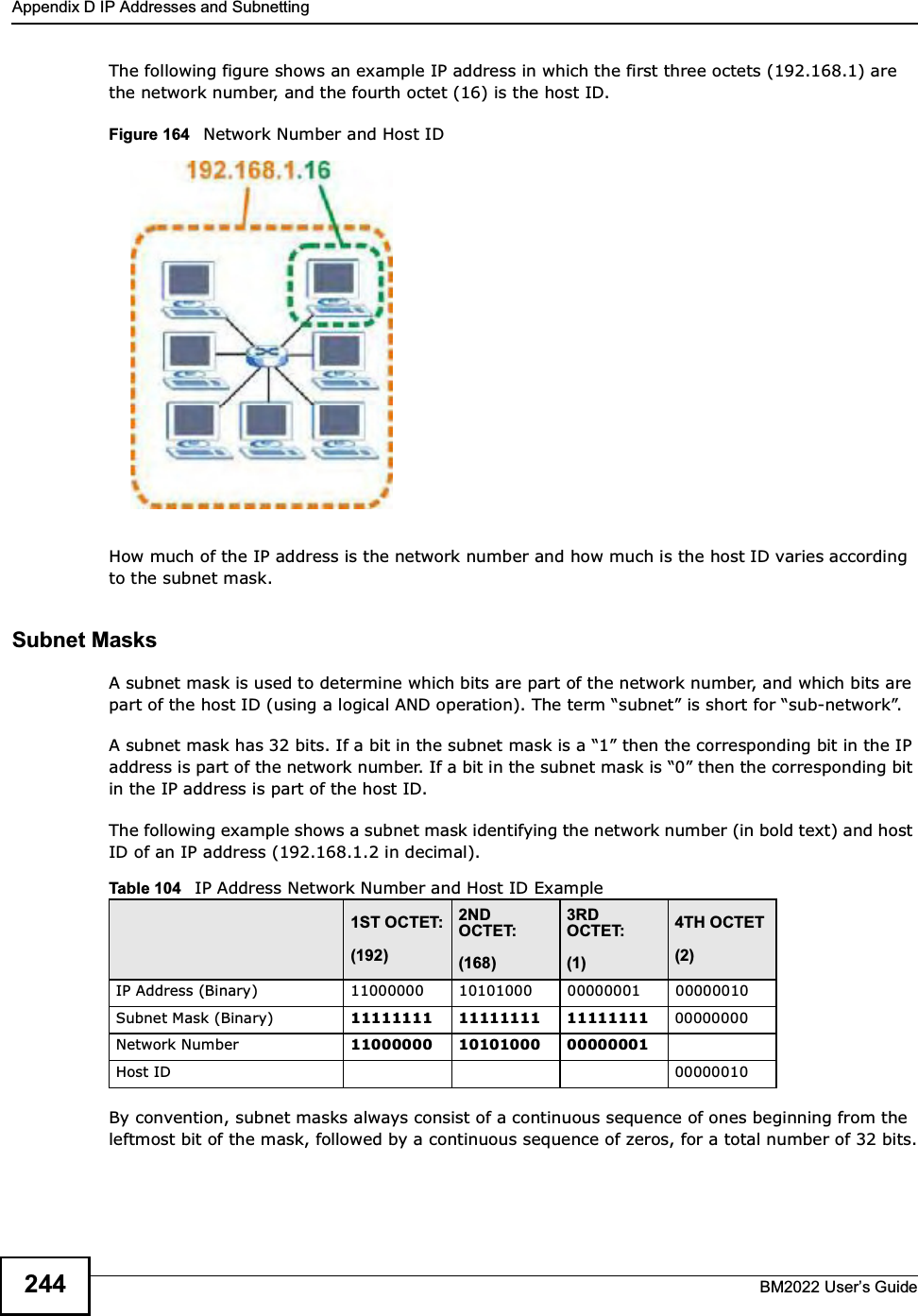 Appendix D IP Addresses and SubnettingBM2022 Users Guide244The following figure shows an example IP address in which the first three octets (192.168.1) are the network number, and the fourth octet (16) is the host ID.Figure 164   Network Number and Host IDHow much of the IP address is the network number and how much is the host ID varies according to the subnet mask.  Subnet MasksA subnet mask is used to determine which bits are part of the network number, and which bits are part of the host ID (using a logical AND operation). The term subnet is short for sub-network.A subnet mask has 32 bits. If a bit in the subnet mask is a 1 then the corresponding bit in the IP address is part of the network number. If a bit in the subnet mask is 0 then the corresponding bit in the IP address is part of the host ID. The following example shows a subnet mask identifying the network number (in bold text) and host ID of an IP address (192.168.1.2 in decimal).By convention, subnet masks always consist of a continuous sequence of ones beginning from the leftmost bit of the mask, followed by a continuous sequence of zeros, for a total number of 32 bits.Table 104   IP Address Network Number and Host ID Example1ST OCTET:(192)2ND OCTET:(168)3RD OCTET:(1)4TH OCTET(2)IP Address (Binary) 11000000 10101000 00000001 00000010Subnet Mask (Binary) 11111111 11111111 11111111 00000000Network Number 11000000 10101000 00000001Host ID 00000010