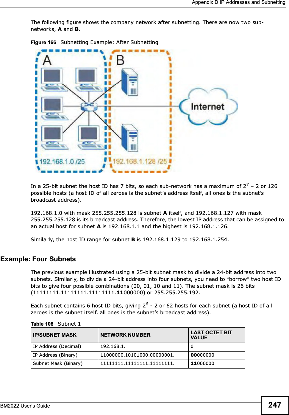  Appendix D IP Addresses and SubnettingBM2022 Users Guide 247The following figure shows the company network after subnetting. There are now two sub-networks, A and B. Figure 166   Subnetting Example: After SubnettingIn a 25-bit subnet the host ID has 7 bits, so each sub-network has a maximum of 27  2 or 126 possible hosts (a host ID of all zeroes is the subnets address itself, all ones is the subnets broadcast address).192.168.1.0 with mask 255.255.255.128 is subnet A itself, and 192.168.1.127 with mask 255.255.255.128 is its broadcast address. Therefore, the lowest IP address that can be assigned to an actual host for subnet A is 192.168.1.1 and the highest is 192.168.1.126. Similarly, the host ID range for subnet B is 192.168.1.129 to 192.168.1.254.Example: Four Subnets The previous example illustrated using a 25-bit subnet mask to divide a 24-bit address into two subnets. Similarly, to divide a 24-bit address into four subnets, you need to borrow two host ID bits to give four possible combinations (00, 01, 10 and 11). The subnet mask is 26 bits (11111111.11111111.11111111.11000000) or 255.255.255.192. Each subnet contains 6 host ID bits, giving 26 - 2 or 62 hosts for each subnet (a host ID of all zeroes is the subnet itself, all ones is the subnets broadcast address). Table 108   Subnet 1IP/SUBNET MASK NETWORK NUMBER LAST OCTET BIT VALUEIP Address (Decimal) 192.168.1. 0IP Address (Binary) 11000000.10101000.00000001. 00000000Subnet Mask (Binary) 11111111.11111111.11111111. 11000000