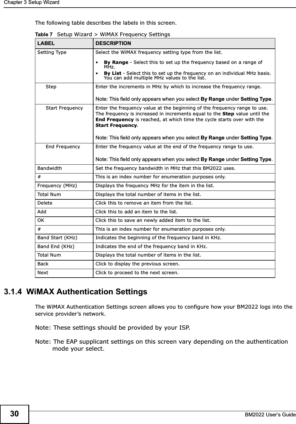 Chapter 3 Setup WizardBM2022 Users Guide30The following table describes the labels in this screen.3.1.4  WiMAX Authentication SettingsThe WiMAX Authentication Settings screen allows you to configure how your BM2022 logs into the service providers network.Note: These settings should be provided by your ISP.Note: The EAP supplicant settings on this screen vary depending on the authentication mode your select.Table 7   Setup Wizard &gt; WiMAX Frequency SettingsLABEL DESCRIPTIONSetting Type Select the WiMAX frequency setting type from the list.By Range - Select this to set up the frequency based on a range of MHz.By List - Select this to set up the frequency on an individual MHz basis. You can add multiple MHz values to the list.Step Enter the increments in MHz by which to increase the frequency range.Note: This field only appears when you select By Range under Setting Type.Start Frequency Enter the frequency value at the beginning of the frequency range to use. The frequency is increased in increments equal to the Step value until the End Frequency is reached, at which time the cycle starts over with the Start Frequency.Note: This field only appears when you select By Range under Setting Type.End Frequency Enter the frequency value at the end of the frequency range to use. Note: This field only appears when you select By Range under Setting Type.Bandwidth Set the frequency bandwidth in MHz that this BM2022 uses.# This is an index number for enumeration purposes only.Frequency (MHz) Displays the frequency MHz for the item in the list.Total Num Displays the total number of items in the list.Delete Click this to remove an item from the list.Add Click this to add an item to the list.OK Click this to save an newly added item to the list.# This is an index number for enumeration purposes only.Band Start (KHz) Indicates the beginning of the frequency band in KHz.Band End (KHz) Indicates the end of the frequency band in KHz.Total Num Displays the total number of items in the list.Back Click to display the previous screen.Next Click to proceed to the next screen.
