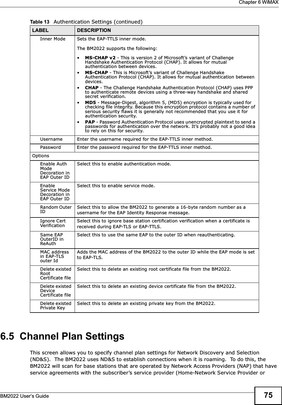  Chapter 6 WiMAXBM2022 Users Guide 756.5  Channel Plan SettingsThis screen allows you to specify channel plan settings for Network Discovery and Selection (ND&amp;S).  The BM2022 uses ND&amp;S to establish connections when it is roaming.  To do this, the BM2022 will scan for base stations that are operated by Network Access Providers (NAP) that have service agreements with the subscribers service provider (Home-Network Service Provider or Inner Mode Sets the EAP-TTLS inner mode.The BM2022 supports the following:MS-CHAP v2 - This is version 2 of Microsofts variant of Challenge Handshake Authentication Protocol (CHAP). It allows for mutual authentication between devices.MS-CHAP - This is Microsofts variant of Challenge Handshake Authentication Protocol (CHAP). It allows for mutual authentication between devices.CHAP - The Challenge Handshake Authentication Protocol (CHAP) uses PPP to authenticate remote devices using a three-way handshake and shared secret verification.MD5 - Message-Digest, algorithm 5, (MD5) encryption is typically used for checking file integrity. Because this encryption protocol contains a number of serious security flaws it is generally not recommended that you use it for authentication security.PAP - Password Authentication Protocol uses unencrypted plaintext to send a passwords for authentication over the network. Its probably not a good idea to rely on this for security.Username Enter the username required for the EAP-TTLS inner method.Password Enter the password required for the EAP-TTLS inner method.OptionsEnable Auth Mode Decoration in EAP Outer IDSelect this to enable authentication mode.Enable Service Mode Decoration in EAP Outer IDSelect this to enable service mode.Random Outer IDSelect this to allow the BM2022 to generate a 16-byte random number as a username for the EAP Identity Response message.Ignore Cert VerificationSelect this to ignore base station certification verification when a certificate is received during EAP-TLS or EAP-TTLS.Same EAP OuterID in ReAuthSelect this to use the same EAP to the outer ID when reauthenticating.MAC address in EAP-TLS outer IdAdds the MAC address of the BM2022 to the outer ID while the EAP mode is set to EAP-TLS.Delete existed Root Certificate fileSelect this to delete an existing root certificate file from the BM2022.Delete existed Device Certificate fileSelect this to delete an existing device certificate file from the BM2022.Delete existed Private KeySelect this to delete an existing private key from the BM2022.Table 13   Authentication Settings (continued)LABEL DESCRIPTION