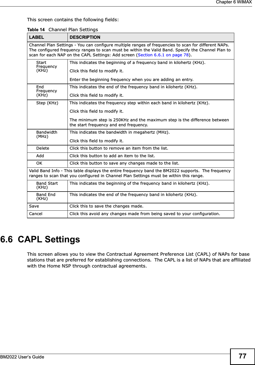  Chapter 6 WiMAXBM2022 Users Guide 77This screen contains the following fields:6.6  CAPL SettingsThis screen allows you to view the Contractual Agreement Preference List (CAPL) of NAPs for base stations that are preferred for establishing connections.  The CAPL is a list of NAPs that are affiliated with the Home NSP through contractual agreements.Table 14   Channel Plan SettingsLABEL DESCRIPTIONChannel Plan Settings - You can configure multiple ranges of frequencies to scan for different NAPs.  The configured frequency ranges to scan must be within the Valid Band. Specify the Channel Plan to scan for each NAP on the CAPL Settings: Add screen (Section 6.6.1 on page 78).Start Frequency (KHz)This indicates the beginning of a frequency band in kilohertz (KHz).Click this field to modify it.Enter the beginning frequency when you are adding an entry.End Frequency (KHz)This indicates the end of the frequency band in kilohertz (KHz).Click this field to modify it.Step (KHz) This indicates the frequency step within each band in kilohertz (KHz).Click this field to modify it.The minimum step is 250KHz and the maximum step is the difference between the start frequency and end frequency.Bandwidth (MHz)This indicates the bandwidth in megahertz (MHz).Click this field to modify it.Delete Click this button to remove an item from the list.Add Click this button to add an item to the list.OK Click this button to save any changes made to the list.Valid Band Info - This table displays the entire frequency band the BM2022 supports.  The frequency ranges to scan that you configured in Channel Plan Settings must be within this range.Band Start (KHz)This indicates the beginning of the frequency band in kilohertz (KHz).Band End (KHz)This indicates the end of the frequency band in kilohertz (KHz).Save Click this to save the changes made.Cancel Click this avoid any changes made from being saved to your configuration.