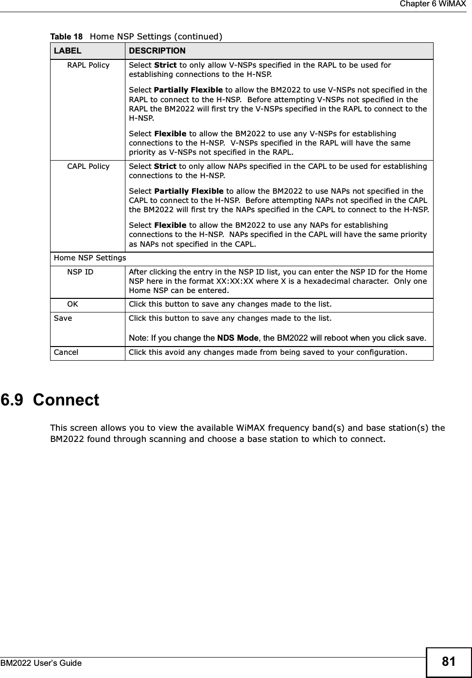  Chapter 6 WiMAXBM2022 Users Guide 816.9  ConnectThis screen allows you to view the available WiMAX frequency band(s) and base station(s) the BM2022 found through scanning and choose a base station to which to connect.RAPL Policy Select Strict to only allow V-NSPs specified in the RAPL to be used for establishing connections to the H-NSP.Select Partially Flexible to allow the BM2022 to use V-NSPs not specified in the RAPL to connect to the H-NSP.  Before attempting V-NSPs not specified in the RAPL the BM2022 will first try the V-NSPs specified in the RAPL to connect to the H-NSP.Select Flexible to allow the BM2022 to use any V-NSPs for establishing connections to the H-NSP.  V-NSPs specified in the RAPL will have the same priority as V-NSPs not specified in the RAPL.CAPL Policy Select Strict to only allow NAPs specified in the CAPL to be used for establishing connections to the H-NSP.Select Partially Flexible to allow the BM2022 to use NAPs not specified in the CAPL to connect to the H-NSP.  Before attempting NAPs not specified in the CAPL the BM2022 will first try the NAPs specified in the CAPL to connect to the H-NSP.Select Flexible to allow the BM2022 to use any NAPs for establishing connections to the H-NSP.  NAPs specified in the CAPL will have the same priority as NAPs not specified in the CAPL.Home NSP SettingsNSP ID After clicking the entry in the NSP ID list, you can enter the NSP ID for the Home NSP here in the format XX:XX:XX where X is a hexadecimal character.  Only one Home NSP can be entered.OK Click this button to save any changes made to the list.Save Click this button to save any changes made to the list.  Note: If you change the NDS Mode, the BM2022 will reboot when you click save.Cancel Click this avoid any changes made from being saved to your configuration.Table 18   Home NSP Settings (continued)LABEL DESCRIPTION