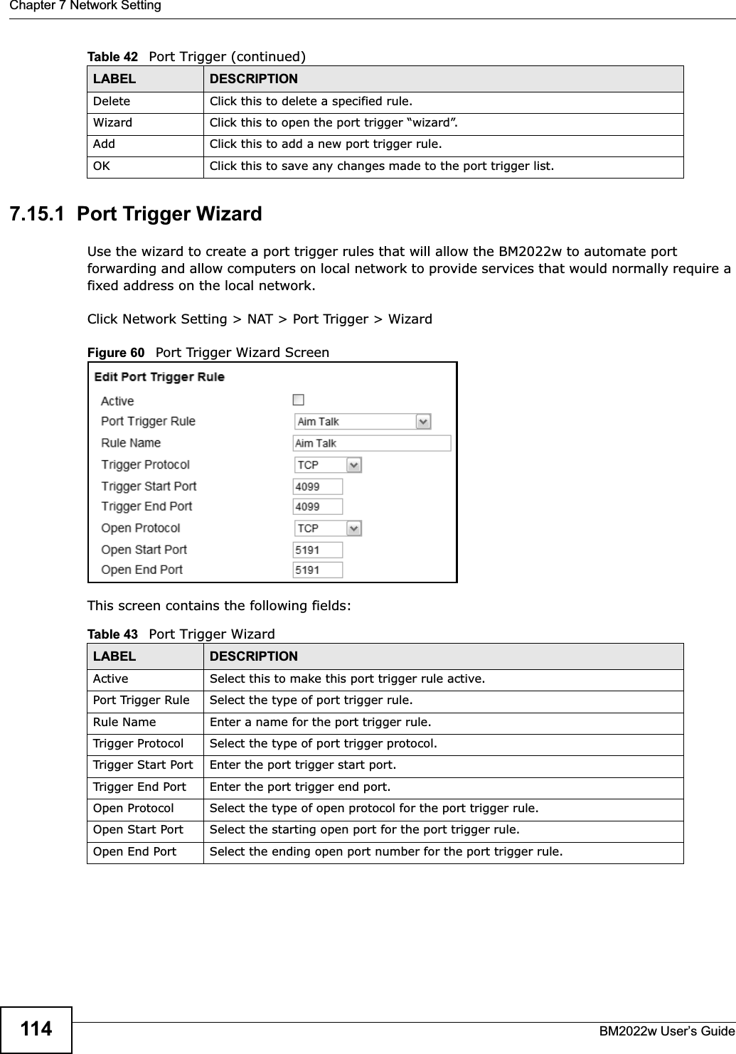 Chapter 7 Network SettingBM2022w User’s Guide1147.15.1  Port Trigger WizardUse the wizard to create a port trigger rules that will allow the BM2022w to automate port forwarding and allow computers on local network to provide services that would normally require a fixed address on the local network.Click Network Setting &gt; NAT &gt; Port Trigger &gt; WizardFigure 60   Port Trigger Wizard ScreenThis screen contains the following fields:Delete Click this to delete a specified rule.Wizard Click this to open the port trigger “wizard”.Add Click this to add a new port trigger rule.OK Click this to save any changes made to the port trigger list.Table 42   Port Trigger (continued)LABEL DESCRIPTIONTable 43   Port Trigger WizardLABEL DESCRIPTIONActive Select this to make this port trigger rule active.Port Trigger Rule Select the type of port trigger rule.Rule Name Enter a name for the port trigger rule.Trigger Protocol Select the type of port trigger protocol.Trigger Start Port Enter the port trigger start port.Trigger End Port Enter the port trigger end port.Open Protocol Select the type of open protocol for the port trigger rule.Open Start Port Select the starting open port for the port trigger rule.Open End Port Select the ending open port number for the port trigger rule.