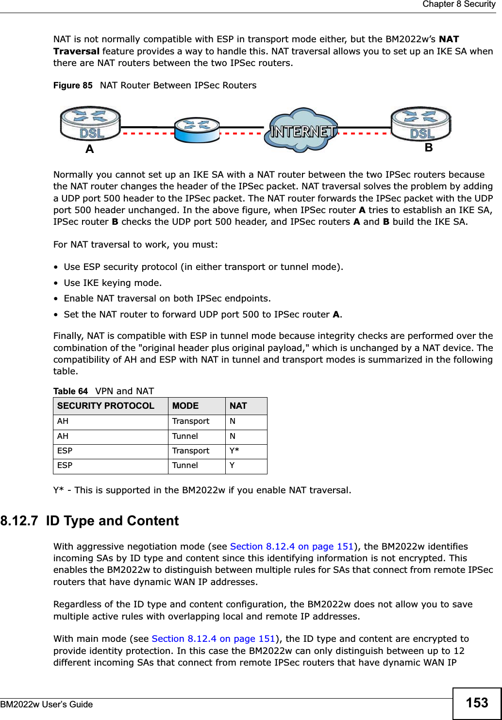  Chapter 8 SecurityBM2022w User’s Guide 153NAT is not normally compatible with ESP in transport mode either, but the BM2022w’s NATTraversal feature provides a way to handle this. NAT traversal allows you to set up an IKE SA when there are NAT routers between the two IPSec routers.Figure 85   NAT Router Between IPSec RoutersNormally you cannot set up an IKE SA with a NAT router between the two IPSec routers because the NAT router changes the header of the IPSec packet. NAT traversal solves the problem by adding a UDP port 500 header to the IPSec packet. The NAT router forwards the IPSec packet with the UDP port 500 header unchanged. In the above figure, when IPSec router A tries to establish an IKE SA, IPSec router B checks the UDP port 500 header, and IPSec routers A and B build the IKE SA.For NAT traversal to work, you must:• Use ESP security protocol (in either transport or tunnel mode).•Use IKE keying mode.• Enable NAT traversal on both IPSec endpoints.• Set the NAT router to forward UDP port 500 to IPSec router A.Finally, NAT is compatible with ESP in tunnel mode because integrity checks are performed over the combination of the &quot;original header plus original payload,&quot; which is unchanged by a NAT device. The compatibility of AH and ESP with NAT in tunnel and transport modes is summarized in the following table.Y* - This is supported in the BM2022w if you enable NAT traversal.8.12.7  ID Type and ContentWith aggressive negotiation mode (see Section 8.12.4 on page 151), the BM2022w identifies incoming SAs by ID type and content since this identifying information is not encrypted. This enables the BM2022w to distinguish between multiple rules for SAs that connect from remote IPSec routers that have dynamic WAN IP addresses.Regardless of the ID type and content configuration, the BM2022w does not allow you to save multiple active rules with overlapping local and remote IP addresses.With main mode (see Section 8.12.4 on page 151), the ID type and content are encrypted to provide identity protection. In this case the BM2022w can only distinguish between up to 12 different incoming SAs that connect from remote IPSec routers that have dynamic WAN IP Table 64   VPN and NATSECURITY PROTOCOL MODE NATAH Transport NAH Tunnel NESP Transport Y*ESP Tunnel YAB