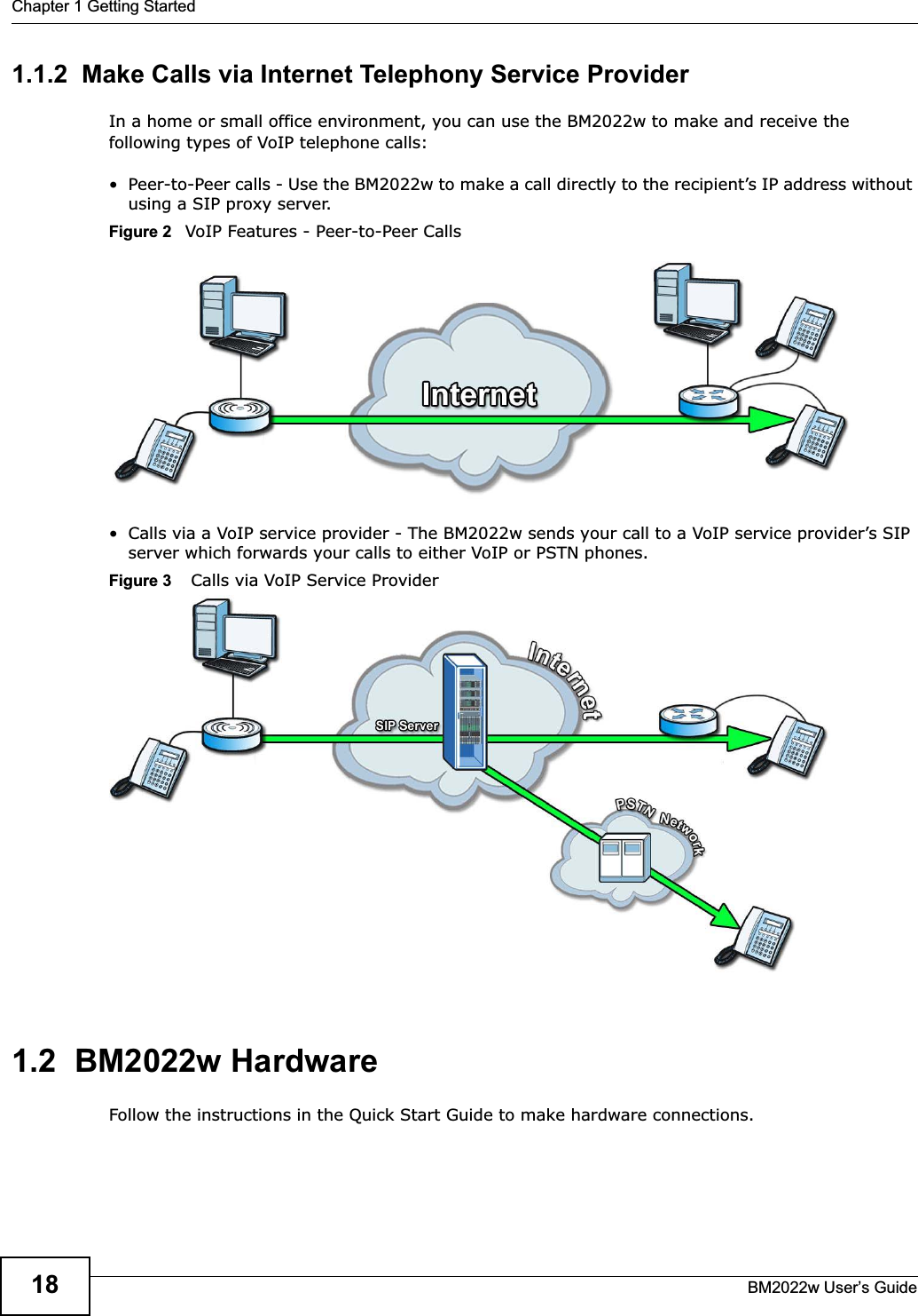 Chapter 1 Getting StartedBM2022w User’s Guide181.1.2  Make Calls via Internet Telephony Service ProviderIn a home or small office environment, you can use the BM2022w to make and receive the following types of VoIP telephone calls:• Peer-to-Peer calls - Use the BM2022w to make a call directly to the recipient’s IP address without using a SIP proxy server.Figure 2   VoIP Features - Peer-to-Peer Calls• Calls via a VoIP service provider - The BM2022w sends your call to a VoIP service provider’s SIP server which forwards your calls to either VoIP or PSTN phones.Figure 3    Calls via VoIP Service Provider1.2  BM2022w HardwareFollow the instructions in the Quick Start Guide to make hardware connections.