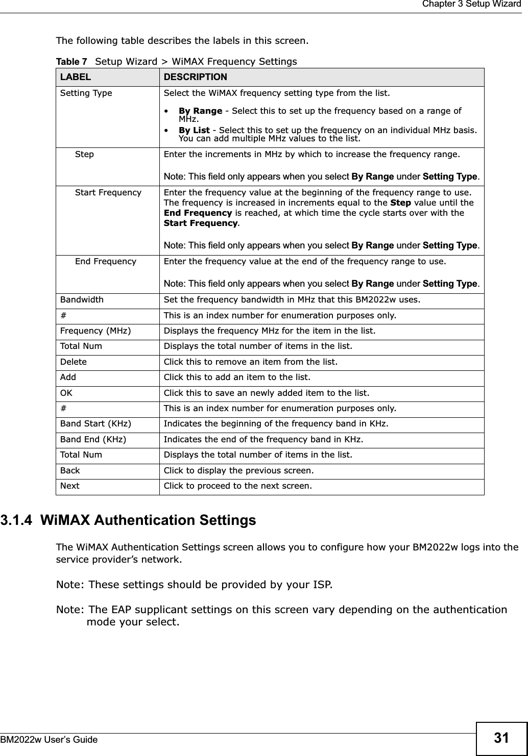  Chapter 3 Setup WizardBM2022w User’s Guide 31The following table describes the labels in this screen.3.1.4  WiMAX Authentication SettingsThe WiMAX Authentication Settings screen allows you to configure how your BM2022w logs into the service provider’s network.Note: These settings should be provided by your ISP.Note: The EAP supplicant settings on this screen vary depending on the authentication mode your select.Table 7   Setup Wizard &gt; WiMAX Frequency SettingsLABEL DESCRIPTIONSetting Type Select the WiMAX frequency setting type from the list.•By Range - Select this to set up the frequency based on a range of MHz.•By List - Select this to set up the frequency on an individual MHz basis. You can add multiple MHz values to the list.Step Enter the increments in MHz by which to increase the frequency range.Note: This field only appears when you select By Range under Setting Type.Start Frequency Enter the frequency value at the beginning of the frequency range to use. The frequency is increased in increments equal to the Step value until the End Frequency is reached, at which time the cycle starts over with the Start Frequency.Note: This field only appears when you select By Range under Setting Type.End Frequency Enter the frequency value at the end of the frequency range to use. Note: This field only appears when you select By Range under Setting Type.Bandwidth Set the frequency bandwidth in MHz that this BM2022w uses.# This is an index number for enumeration purposes only.Frequency (MHz) Displays the frequency MHz for the item in the list.Total Num Displays the total number of items in the list.Delete Click this to remove an item from the list.Add Click this to add an item to the list.OK Click this to save an newly added item to the list.# This is an index number for enumeration purposes only.Band Start (KHz) Indicates the beginning of the frequency band in KHz.Band End (KHz) Indicates the end of the frequency band in KHz.Total Num Displays the total number of items in the list.Back Click to display the previous screen.Next Click to proceed to the next screen.