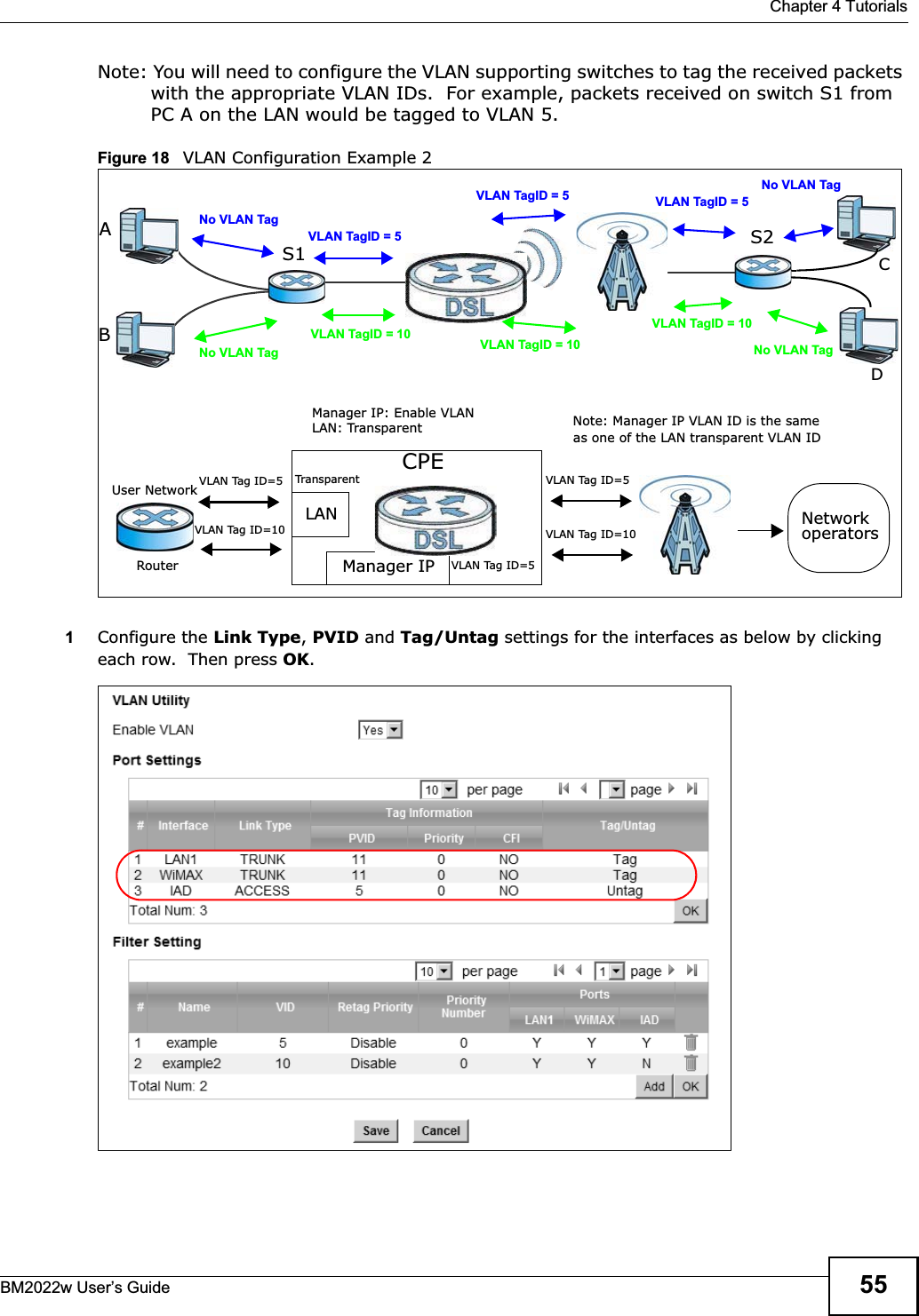  Chapter 4 TutorialsBM2022w User’s Guide 55Note: You will need to configure the VLAN supporting switches to tag the received packets with the appropriate VLAN IDs.  For example, packets received on switch S1 from PC A on the LAN would be tagged to VLAN 5.  Figure 18   VLAN Configuration Example 21Configure the Link Type,PVID and Tag/Untag settings for the interfaces as below by clicking each row.  Then press OK.VLAN TagID = 5VLAN TagID = 10ABNo VLAN TagNo VLAN TagVLAN TagID = 5VLAN TagID = 5VLAN TagID = 10VLAN TagID = 10 No VLAN TagNo VLAN TagCDS1 S2CPELANManager IPUser NetworkRouterManager IP: Enable VLAN LAN: TransparentNetworkoperatorsTransparentNote: Manager IP VLAN ID is the same as one of the LAN transparent VLAN IDVLAN Tag ID=5VLAN Tag ID=5VLAN Tag ID=10 VLAN Tag ID=10VLAN Tag ID=5