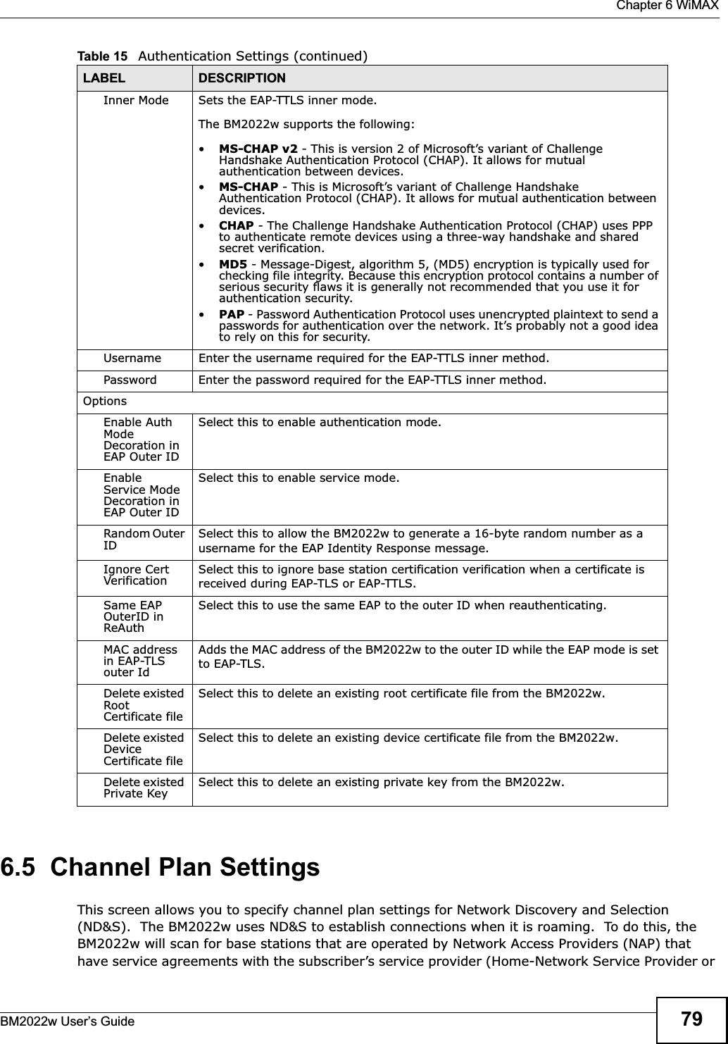  Chapter 6 WiMAXBM2022w User’s Guide 796.5  Channel Plan SettingsThis screen allows you to specify channel plan settings for Network Discovery and Selection (ND&amp;S).  The BM2022w uses ND&amp;S to establish connections when it is roaming.  To do this, the BM2022w will scan for base stations that are operated by Network Access Providers (NAP) that have service agreements with the subscriber’s service provider (Home-Network Service Provider or Inner Mode Sets the EAP-TTLS inner mode.The BM2022w supports the following:•MS-CHAP v2 - This is version 2 of Microsoft’s variant of Challenge Handshake Authentication Protocol (CHAP). It allows for mutual authentication between devices.•MS-CHAP - This is Microsoft’s variant of Challenge Handshake Authentication Protocol (CHAP). It allows for mutual authentication between devices.•CHAP - The Challenge Handshake Authentication Protocol (CHAP) uses PPP to authenticate remote devices using a three-way handshake and shared secret verification.•MD5 - Message-Digest, algorithm 5, (MD5) encryption is typically used for checking file integrity. Because this encryption protocol contains a number of serious security flaws it is generally not recommended that you use it for authentication security.•PAP - Password Authentication Protocol uses unencrypted plaintext to send a passwords for authentication over the network. It’s probably not a good idea to rely on this for security.Username Enter the username required for the EAP-TTLS inner method.Password Enter the password required for the EAP-TTLS inner method.OptionsEnable Auth ModeDecoration in EAP Outer IDSelect this to enable authentication mode.EnableService Mode Decoration in EAP Outer IDSelect this to enable service mode.Random Outer ID Select this to allow the BM2022w to generate a 16-byte random number as a username for the EAP Identity Response message.Ignore Cert Verification Select this to ignore base station certification verification when a certificate is received during EAP-TLS or EAP-TTLS.Same EAP OuterID in ReAuthSelect this to use the same EAP to the outer ID when reauthenticating.MAC address in EAP-TLS outer IdAdds the MAC address of the BM2022w to the outer ID while the EAP mode is set to EAP-TLS.Delete existed Root Certificate fileSelect this to delete an existing root certificate file from the BM2022w.Delete existed Device Certificate fileSelect this to delete an existing device certificate file from the BM2022w.Delete existed Private Key Select this to delete an existing private key from the BM2022w.Table 15   Authentication Settings (continued)LABEL DESCRIPTION