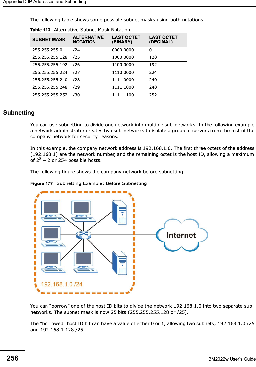 Appendix D IP Addresses and SubnettingBM2022w User’s Guide256The following table shows some possible subnet masks using both notations. SubnettingYou can use subnetting to divide one network into multiple sub-networks. In the following example a network administrator creates two sub-networks to isolate a group of servers from the rest of the company network for security reasons.In this example, the company network address is 192.168.1.0. The first three octets of the address (192.168.1) are the network number, and the remaining octet is the host ID, allowing a maximum of 28 – 2 or 254 possible hosts.The following figure shows the company network before subnetting.  Figure 177   Subnetting Example: Before SubnettingYou can “borrow” one of the host ID bits to divide the network 192.168.1.0 into two separate sub-networks. The subnet mask is now 25 bits (255.255.255.128 or /25).The “borrowed” host ID bit can have a value of either 0 or 1, allowing two subnets; 192.168.1.0 /25 and 192.168.1.128 /25. Table 113   Alternative Subnet Mask NotationSUBNET MASK ALTERNATIVE NOTATIONLAST OCTET (BINARY)LAST OCTET (DECIMAL)255.255.255.0 /24 0000 0000 0255.255.255.128 /25 1000 0000 128255.255.255.192 /26 1100 0000 192255.255.255.224 /27 1110 0000 224255.255.255.240 /28 1111 0000 240255.255.255.248 /29 1111 1000 248255.255.255.252 /30 1111 1100 252