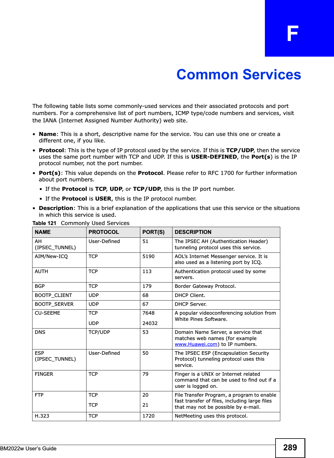 BM2022w User’s Guide 289APPENDIX   FCommon ServicesThe following table lists some commonly-used services and their associated protocols and port numbers. For a comprehensive list of port numbers, ICMP type/code numbers and services, visit the IANA (Internet Assigned Number Authority) web site. •Name: This is a short, descriptive name for the service. You can use this one or create a different one, if you like.•Protocol: This is the type of IP protocol used by the service. If this is TCP/UDP, then the service uses the same port number with TCP and UDP. If this is USER-DEFINED, the Port(s) is the IP protocol number, not the port number.•Port(s): This value depends on the Protocol. Please refer to RFC 1700 for further information about port numbers.•If the Protocol is TCP,UDP, or TCP/UDP, this is the IP port number.•If the Protocol is USER, this is the IP protocol number.•Description: This is a brief explanation of the applications that use this service or the situations in which this service is used.Table 121   Commonly Used ServicesNAME PROTOCOL PORT(S) DESCRIPTIONAH (IPSEC_TUNNEL)User-Defined 51 The IPSEC AH (Authentication Header) tunneling protocol uses this service.AIM/New-ICQ TCP 5190 AOL’s Internet Messenger service. It is also used as a listening port by ICQ.AUTH TCP 113 Authentication protocol used by some servers.BGP TCP 179 Border Gateway Protocol.BOOTP_CLIENT UDP 68 DHCP Client.BOOTP_SERVER UDP 67 DHCP Server.CU-SEEME TCPUDP764824032A popular videoconferencing solution from White Pines Software.DNS TCP/UDP 53 Domain Name Server, a service that matches web names (for example www.Huawei.com) to IP numbers.ESP (IPSEC_TUNNEL)User-Defined 50 The IPSEC ESP (Encapsulation Security Protocol) tunneling protocol uses this service.FINGER TCP 79 Finger is a UNIX or Internet related command that can be used to find out if a user is logged on.FTP TCPTCP2021File Transfer Program, a program to enable fast transfer of files, including large files that may not be possible by e-mail.H.323 TCP 1720 NetMeeting uses this protocol.