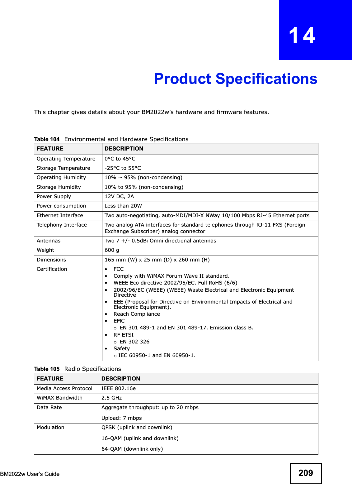 BM2022w User’s Guide 209CHAPTER   14Product SpecificationsThis chapter gives details about your BM2022w’s hardware and firmware features.                     Table 104   Environmental and Hardware SpecificationsFEATURE DESCRIPTIONOperating Temperature 0°C to 45°CStorage Temperature -25°C to 55°COperating Humidity 10% ~ 95% (non-condensing)Storage Humidity  10% to 95% (non-condensing)Power Supply 12V DC, 2APower consumption Less than 20WEthernet Interface Two auto-negotiating, auto-MDI/MDI-X NWay 10/100 Mbps RJ-45 Ethernet portsTelephony Interface Two analog ATA interfaces for standard telephones through RJ-11 FXS (Foreign Exchange Subscriber) analog connectorAntennas Two 7 +/- 0.5dBi Omni directional antennasg 006thgieWDimensions 165 mm (W) x 25 mm (D) x 260 mm (H)Certification • FCC• Comply with WiMAX Forum Wave II standard.• WEEE Eco directive 2002/95/EC. Full RoHS (6/6)• 2002/96/EC (WEEE) (WEEE) Waste Electrical and Electronic Equipment Directive• EEE (Proposal for Directive on Environmental Impacts of Electrical and Electronic Equipment).• Reach Compliance•EMCoEN 301 489-1 and EN 301 489-17. Emission class B.•RF ETSIoEN 302 326•Safetyo IEC 60950-1 and EN 60950-1.Table 105   Radio SpecificationsFEATURE DESCRIPTIONMedia Access Protocol IEEE 802.16eWiMAX Bandwidth 2.5 GHzData Rate Aggregate throughput: up to 20 mbpsUpload: 7 mbpsModulation QPSK (uplink and downlink)16-QAM (uplink and downlink)64-QAM (downlink only)