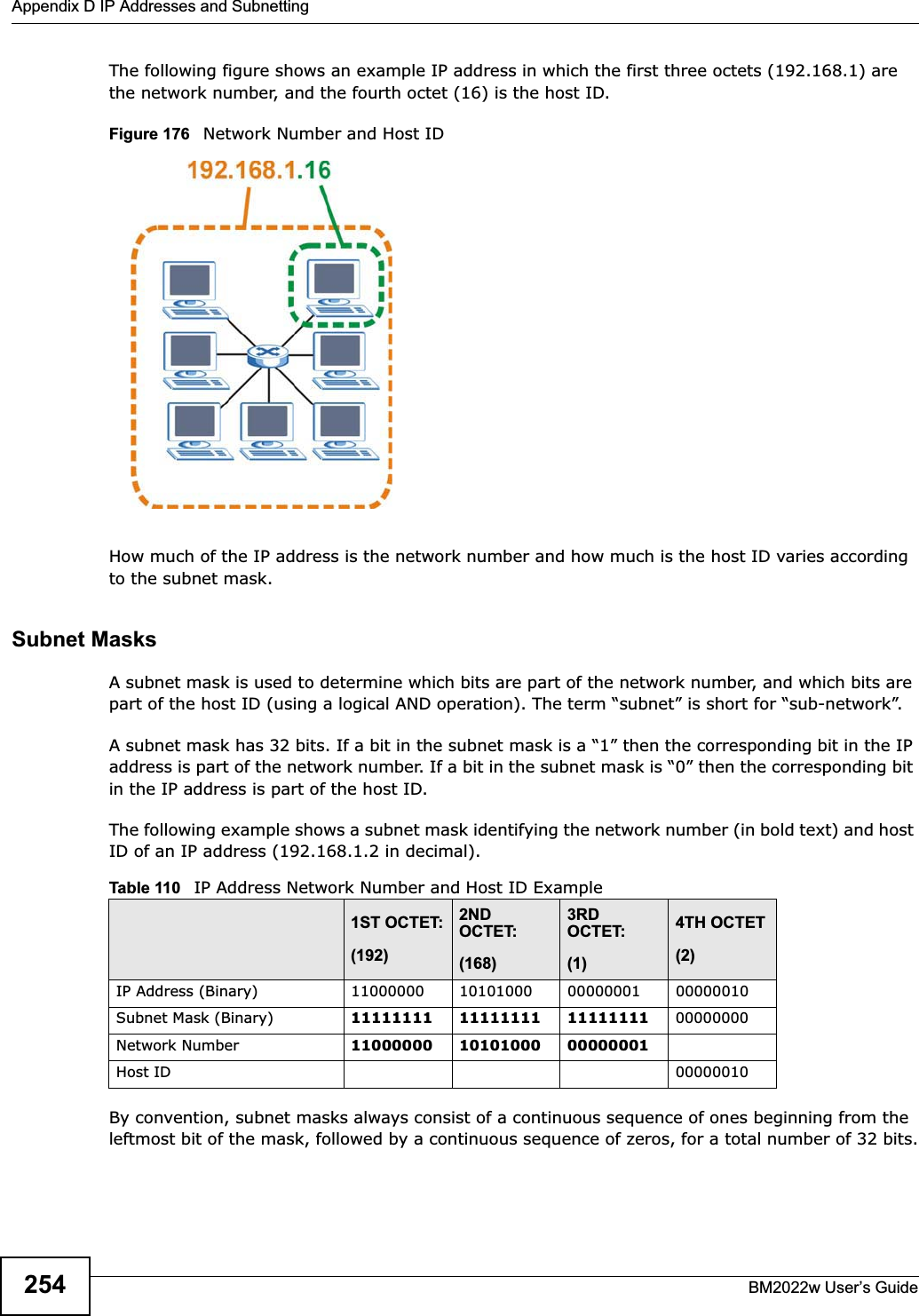 Appendix D IP Addresses and SubnettingBM2022w User’s Guide254The following figure shows an example IP address in which the first three octets (192.168.1) are the network number, and the fourth octet (16) is the host ID.Figure 176   Network Number and Host IDHow much of the IP address is the network number and how much is the host ID varies according to the subnet mask.  Subnet MasksA subnet mask is used to determine which bits are part of the network number, and which bits are part of the host ID (using a logical AND operation). The term “subnet” is short for “sub-network”.A subnet mask has 32 bits. If a bit in the subnet mask is a “1” then the corresponding bit in the IP address is part of the network number. If a bit in the subnet mask is “0” then the corresponding bit in the IP address is part of the host ID. The following example shows a subnet mask identifying the network number (in bold text) and host ID of an IP address (192.168.1.2 in decimal).By convention, subnet masks always consist of a continuous sequence of ones beginning from the leftmost bit of the mask, followed by a continuous sequence of zeros, for a total number of 32 bits.Table 110   IP Address Network Number and Host ID Example1ST OCTET:(192)2ND OCTET:(168)3RD OCTET:(1)4TH OCTET(2)IP Address (Binary) 11000000 10101000 00000001 00000010Subnet Mask (Binary) 11111111 11111111 11111111 00000000Network Number 11000000 10101000 00000001Host ID 00000010