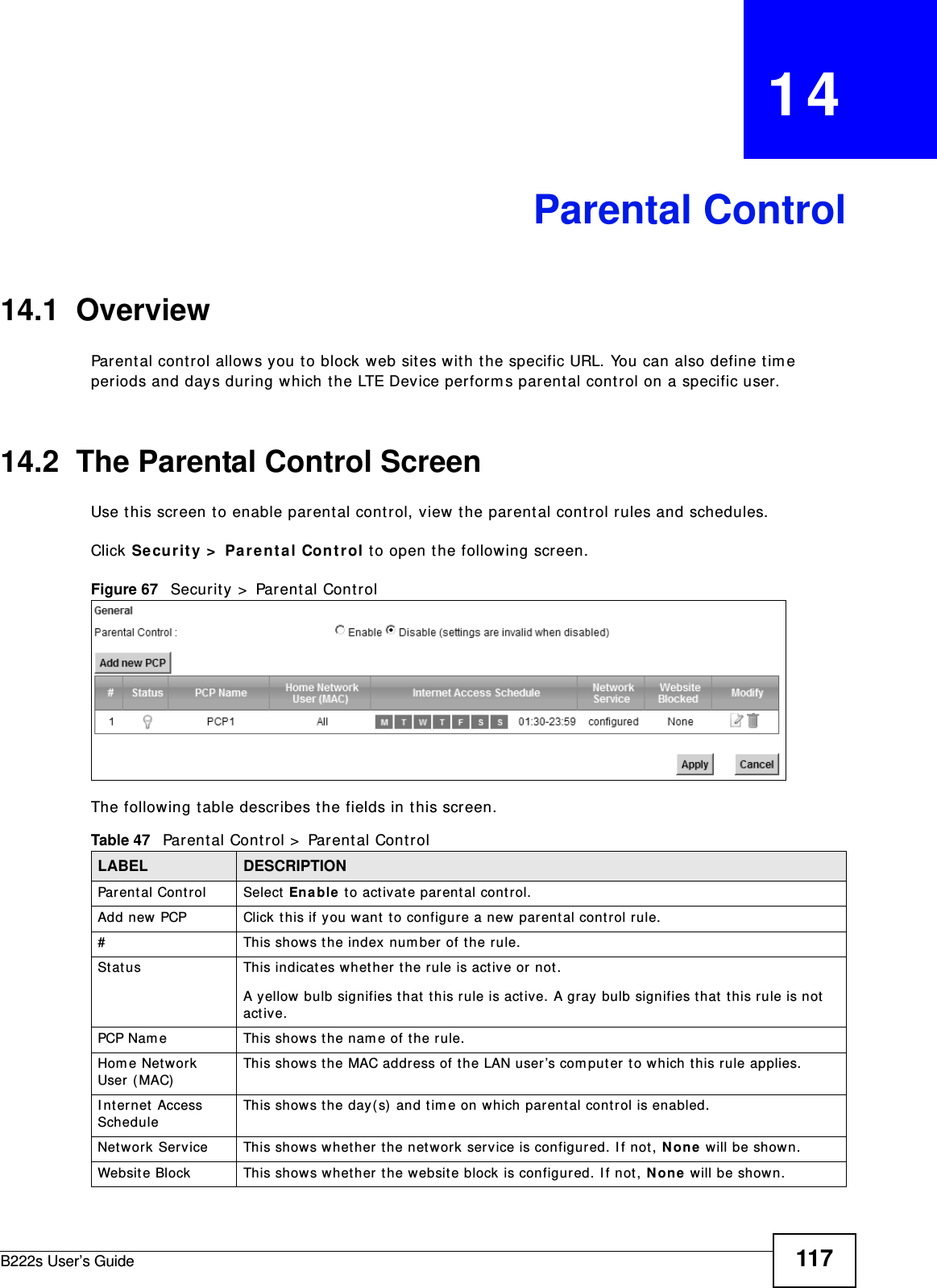 B222s User’s Guide 117CHAPTER   14Parental Control14.1  OverviewParent al cont rol allows you to block web sites wit h t he specific URL. You can also define t im e periods and days during w hich t he LTE Device perform s parent al cont rol on a specific user. 14.2  The Parental Control ScreenUse t his screen to enable parent al cont rol, view t he parent al cont rol rules and schedules.Click Secur it y &gt;  Pa r e nt a l Con t rol t o open t he following screen. Figure 67   Securit y &gt;  Parental Control The following t able describes t he fields in t his screen. Table 47   Parent al Control &gt;  Parent al Cont rolLABEL DESCRIPTIONParent al Control Select En able  t o activate parental cont rol.Add new PCP Click t his if you want  to configure a new  parent al cont r ol rule.#This shows t he index num ber of the r ule.St atus This indicat es whether t he rule is active or  not .A yellow bulb signifies t hat t his rule is act ive. A gray bulb signifies t hat  t his r ule is not  act ive.PCP Nam e This show s t he nam e of t he rule.Hom e Net work User ( MAC)This shows t he MAC address of t he LAN user’s com put er t o which t his rule applies.I nt ernet Access ScheduleThis shows t he day( s) and t im e on which parent al control is enabled.Net work Service This shows whether t he networ k ser vice is configured. I f not , N o ne  will be shown.Web sit e Block This shows whet her t he websit e block is configured. I f not , N on e  w ill be shown.