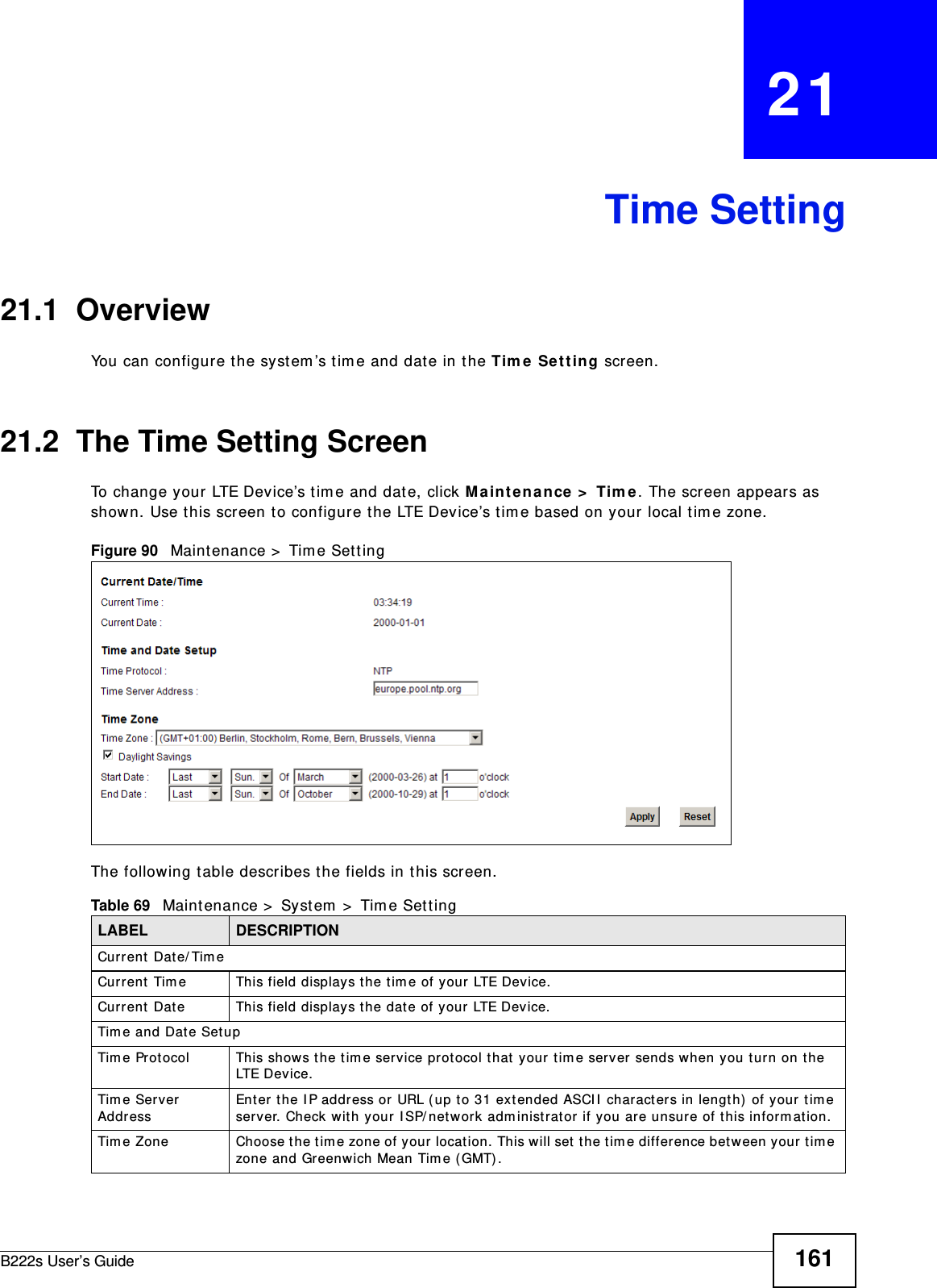B222s User’s Guide 161CHAPTER   21Time Setting21.1  Overview You can configure t he syst em ’s t im e and dat e in t he Tim e Se t t in g scr een.21.2  The Time Setting Screen To change your LTE Device’s t im e and date, click M a int e n a n ce &gt;  Tim e . The screen appears as shown. Use this screen to configure t he LTE Device’s t im e based on your local t im e zone. Figure 90   Maint enance &gt;  Tim e Sett ing The following t able describes t he fields in t his screen. Table 69   Maintenance &gt;  System  &gt;  Tim e Set tingLABEL DESCRIPTIONCurrent Dat e/ Tim e Current Tim e  This field displays the tim e of your LTE Device.Current Dat e  This field displays the dat e of your LTE Device. Tim e and Date Set up Tim e Prot ocol This show s t he t im e ser vice prot ocol that your t im e server sends when you turn on t he LTE D e v i c e .  Tim e Server Address Enter t he I P address or URL ( up t o 31 extended ASCI I  charact ers in length)  of your t im e server. Check with your I SP/ network adm inist rat or if you are unsure of this inform at ion.Tim e Zone Choose t he t im e zone of your locat ion. This will set  the tim e difference bet ween your t im e zone and Greenwich Mean Tim e ( GMT) . 