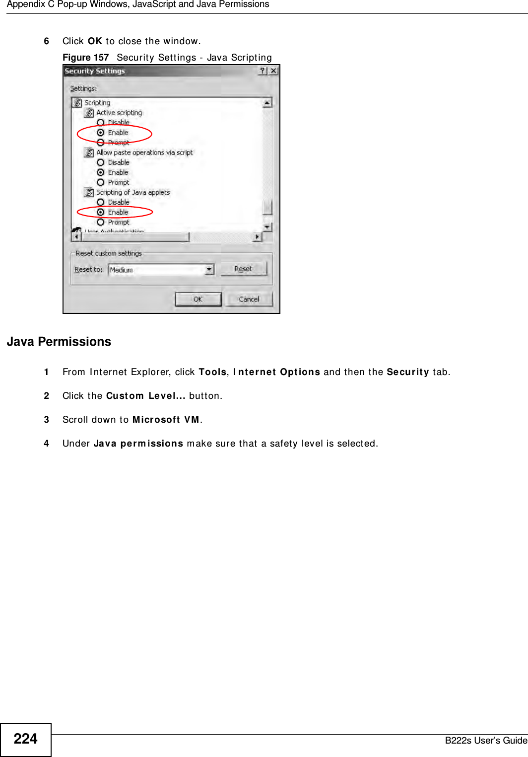 Appendix C Pop-up Windows, JavaScript and Java PermissionsB222s User’s Guide2246Click OK t o close t he window.Figure 157   Securit y Set t ings -  Java Script ingJava Permissions1From  I nt ernet Explorer, click Tools, I nt e r net  Opt ions and t hen t he Securit y tab. 2Click t he Cust om  Leve l... butt on. 3Scroll down t o M icrosoft  VM . 4Under Java perm ission s m ake sure that  a safet y  level is select ed.