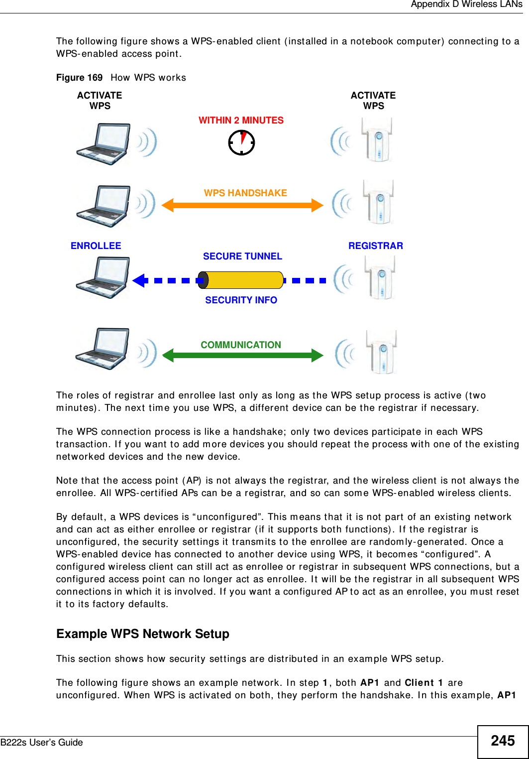  Appendix D Wireless LANsB222s User’s Guide 245The following figure shows a WPS- enabled client  ( inst alled in a notebook com put er)  connect ing t o a WPS- enabled access point .Figure 169   How WPS worksThe roles of registrar and enrollee last only as long as the WPS set up process is active ( t wo m inut es) . The next  t im e you use WPS, a differ ent  device can be t he regist rar if necessary.The WPS connect ion process is like a handshake;  only two devices part icipat e in each WPS transact ion. I f you want  t o add m ore devices you should repeat  t he process wit h one of t he exist ing networked devices and the new device.Note that  t he access point  ( AP)  is not always t he registrar, and t he wireless client  is not  always the enrollee. All WPS- cert ified APs can be a registrar, and so can som e WPS- enabled wireless client s.By default , a WPS devices is “ unconfigured”. This m eans t hat  it is not par t  of an existing net w ork and can act  as eit her enrollee or  registrar ( if it  support s bot h funct ions) . I f the registrar is unconfigured, the securit y sett ings it t ransm its t o the enrollee are random ly- generat ed. Once a WPS- enabled device has connect ed t o another device using WPS, it  becom es “ configured”. A configured w ireless client  can still act  as enrollee or regist rar  in subsequent  WPS connections, but a configured access point can no longer act as enrollee. I t will be t he registrar in all subsequent  WPS connect ions in which it is involved. I f you want a configured AP t o act  as an enrollee, you m ust  reset  it  t o its factory defaults.Example WPS Network SetupThis sect ion shows how securit y set t ings are dist ributed in an exam ple WPS setup.The following figure shows an exam ple net work. I n st ep 1, both AP1  and Client  1  are unconfigured. When WPS is activat ed on bot h, t hey perform  t he handshake. I n t his exam ple, AP1  SECURE TUNNELSECURITY INFOWITHIN 2 MINUTESCOMMUNICATIONACTIVATEWPSACTIVATEWPSWPS HANDSHAKEREGISTRARENROLLEE