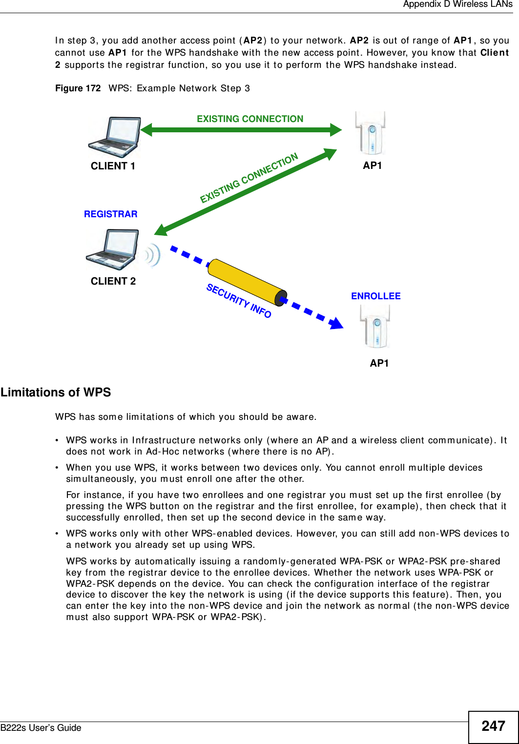  Appendix D Wireless LANsB222s User’s Guide 247I n step 3, you add another access point (AP2 )  t o your net w ork. AP2  is out  of range of AP1 , so you cannot  use AP1  for the WPS handshake w it h t he new access point . However, you know t hat  Clie n t  2 support s the registrar funct ion, so you use it  t o perform  t he WPS handshake inst ead.Figure 172   WPS:  Exam ple Network Step 3Limitations of WPSWPS has som e lim itat ions of which you should be aware. • WPS works in I nfrast ruct ure net works only ( where an AP and a wireless client com municate) . I t does not  work in Ad- Hoc net w orks (where there is no AP) .• When you use WPS, it wor ks bet ween t wo devices only. You cannot enroll m ultiple devices sim ultaneously, you m ust  enroll one after the other. For inst ance, if you have t w o enrollees and one registrar you m ust  set up t he first  enrollee ( by pressing the WPS but ton on t he registrar and the first enrollee, for exam ple) , t hen check t hat  it  successfully enrolled, t hen set  up the second device in t he sam e way.• WPS works only wit h other WPS-enabled devices. However, you can st ill add non-WPS devices t o a network you already set up using WPS. WPS works by aut om atically issuing a random ly- generat ed WPA- PSK or WPA2- PSK pre- shared key from  t he regist rar device to the enrollee devices. Whet her t he net work uses WPA-PSK or WPA2- PSK depends on t he device. You can check t he configurat ion int erface of t he regist rar device t o discover t he key the network is using ( if t he device support s this feat ure). Then, you can ent er the key into t he non-WPS device and j oin t he net work as norm al (t he non-WPS device m ust also support  WPA- PSK or WPA2- PSK) .CLIENT 1 AP1REGISTRARCLIENT 2EXISTING CONNECTIONSECURITY INFOENROLLEEAP1EXISTING CONNECTION