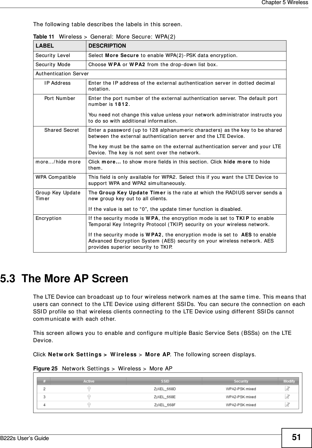  Chapter 5 WirelessB222s User’s Guide 51The following t able describes t he labels in t his screen.5.3  The More AP ScreenThe LTE Device can broadcast  up to four wireless net w ork nam es at  t he sam e t im e. This m eans t hat  users can connect t o t he LTE Device using different SSI Ds. You can secure t he connection on each SSI D pr ofile so t hat  wireless client s connecting t o t he LTE Device using different SSI Ds cannot com municate with each ot her.This screen allows you t o enable and configure m ult iple Basic Service Sets ( BSSs)  on t he LTE Device.Click N et w or k  Set t ings &gt;  W ireless &gt;  M or e  AP. The following screen displays.Figure 25   Net work Set tings &gt;  Wireless &gt;  More APTable 11   Wireless &gt;  General:  More Secure:  WPA( 2)LABEL DESCRIPTIONSecurit y Level Select M ore  Secur e t o enable WPA( 2) - PSK data encryption.Securit y Mode Choose W PA or W PA2  from  t he drop- down list box .Aut hent icat ion Serv erI P Address Ent er the I P address of t he ext ernal aut hent icat ion server in dott ed decim al not at ion.Port  Nu m ber Ent er t he port num ber of the ext ernal aut hent icat ion server. The default port num ber is 1 8 1 2 . You need not change t his value unless your network adm inist rat or inst ructs you to do so w ith addit ional inform at ion. Shared Secret Enter a password ( up t o 128 alphanum eric charact ers) as t he key t o be shared bet ween t he ext ernal aut hent icat ion serv er and t he LTE Device.The key  m ust be t he sam e on t he ext ernal authentication server and your LTE Device. The key is not  sent  over t he net work. m ore.../ hide m ore Click m or e ... t o show m or e fields in t his section. Click hide m ore  to hide t hem .WPA Com pat ible This field is only available for  WPA2. Select  this if you want t he LTE Device to support  WPA and WPA2 sim ult aneously.Group Key Update Tim erThe Gr oup Key Upda t e Tim er  is the rate at which the RADI US server sends a new group key out  t o all client s. I f t he value is set  t o “ 0”, the update t im er function is disabled.Encrypt ion I f t he security m ode is W PA, the encrypt ion m ode is set  t o TKI P t o enable Tem poral Key I ntegrit y Prot ocol ( TKI P)  securit y on your wireless netw ork. I f t he security  m ode is W PA2 , t he encryption m ode is set  t o  AES to enable Advanced Encrypt ion System  ( AES) securit y on your wireless net work . AES provides superior  securit y to TKI P. 