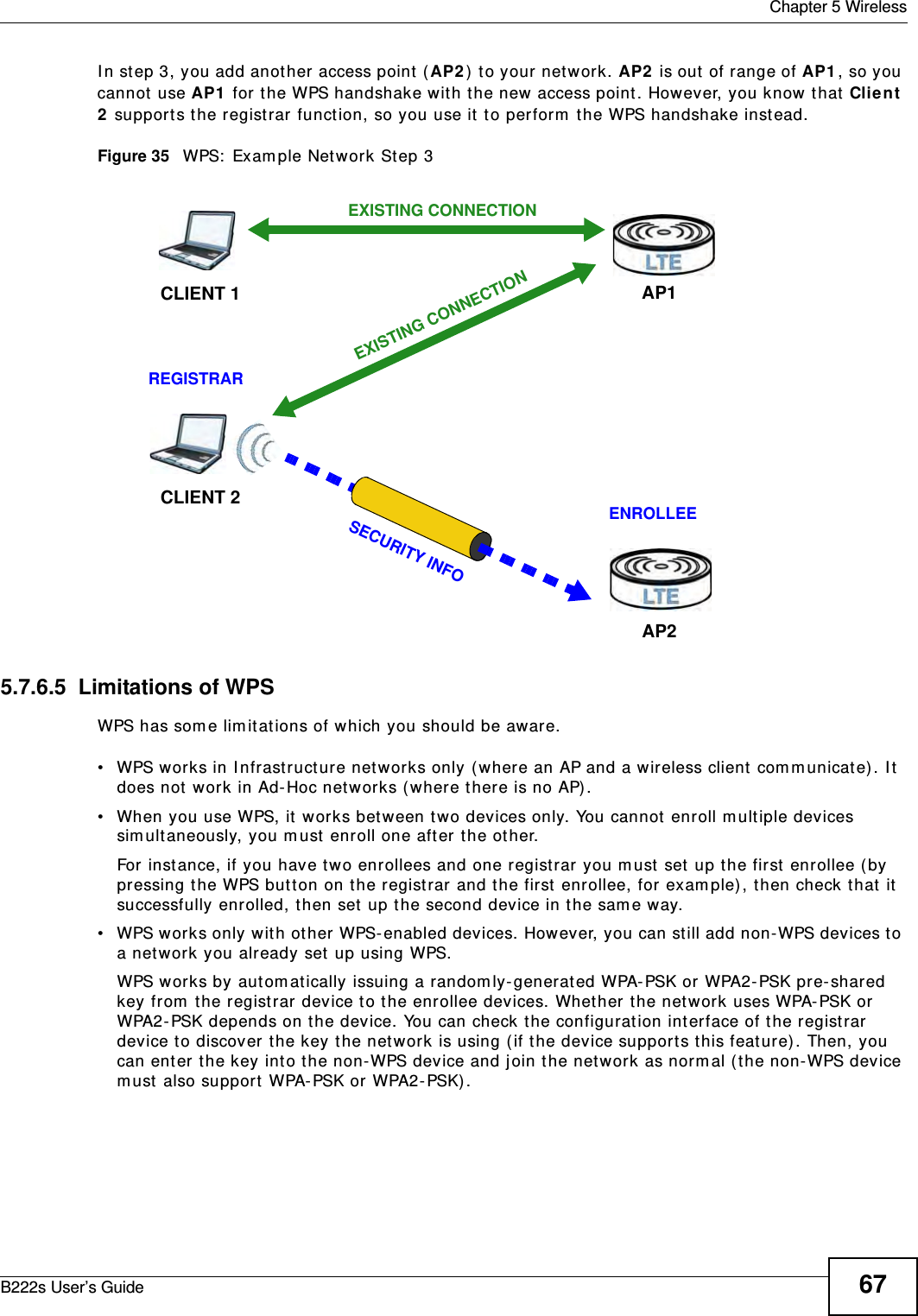  Chapter 5 WirelessB222s User’s Guide 67I n step 3, you add another access point (AP2 )  t o your net w ork. AP2  is out  of range of AP1 , so you cannot  use AP1  for the WPS handshake w it h t he new access point . However, you know t hat  Clie n t  2 support s the registrar funct ion, so you use it  t o perform  t he WPS handshake inst ead.Figure 35   WPS:  Exam ple Net work St ep 35.7.6.5  Limitations of WPSWPS has som e lim itat ions of which you should be aware. • WPS works in I nfrast ruct ure net works only ( where an AP and a wireless client com municate) . I t does not  work in Ad- Hoc net w orks (where there is no AP) .• When you use WPS, it wor ks bet ween t wo devices only. You cannot enroll m ultiple devices sim ultaneously, you m ust  enroll one after the other. For inst ance, if you have t w o enrollees and one registrar you m ust  set up t he first  enrollee ( by pressing the WPS but ton on t he registrar and the first enrollee, for exam ple) , t hen check t hat  it  successfully enrolled, t hen set  up the second device in t he sam e way.• WPS works only wit h other WPS-enabled devices. However, you can st ill add non-WPS devices t o a network you already set up using WPS. WPS works by aut om atically issuing a random ly- generat ed WPA- PSK or WPA2- PSK pre- shared key from  t he regist rar device to the enrollee devices. Whet her t he net work uses WPA-PSK or WPA2- PSK depends on t he device. You can check t he configurat ion int erface of t he regist rar device t o discover t he key the network is using ( if t he device support s this feat ure). Then, you can ent er the key into t he non-WPS device and j oin t he net work as norm al (t he non-WPS device m ust also support  WPA- PSK or WPA2- PSK) .CLIENT 1 AP1REGISTRARCLIENT 2EXISTING CONNECTIONSECURITY INFOENROLLEEAP2EXISTING CONNECTION
