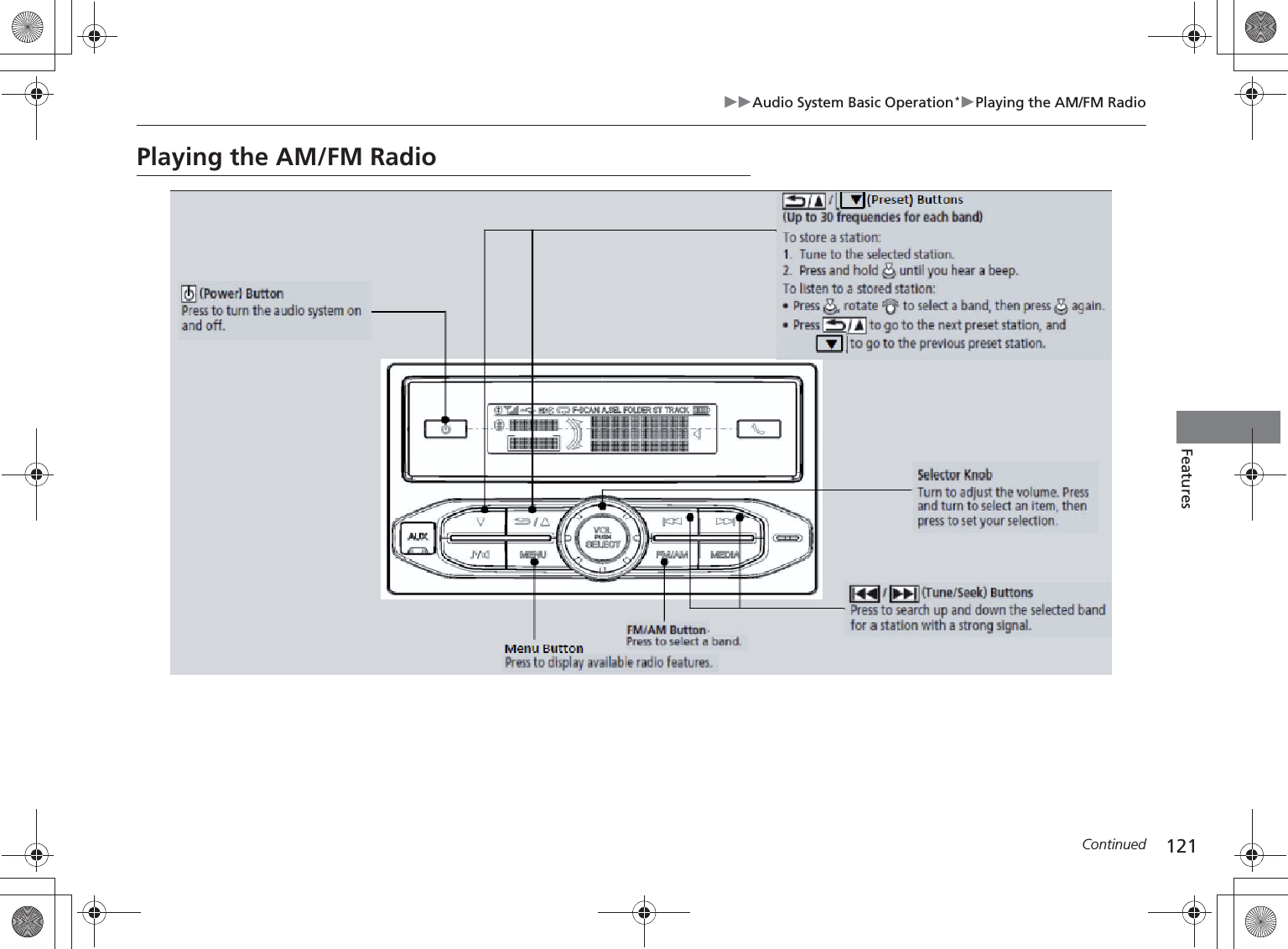 121Audio System Basic Operation*Playing the AM/FM RadioContinuedFeaturesPlaying the AM/FM Radio /   (Tune/Seek) ButtonsPress to search up and down the selected band for a station with a strong signal.Selector KnobTurn to adjust the volume. Press and turn to select an item, then press to set your selection.SETUP ButtonPress to display available radio features. (Power) ButtonPress to turn the audio system on and off. /   (Preset) Buttons (Up to 30 frequencies for each band)To store a station:1. Tune to the selected station.2. Press and hold  until you hear a beep.To listen to a stored station:●Press , rotate   to select a band, then press   again.●Press  to go to the next preset station, and  to go to the previous preset station.FM/AM ButtonPress to select a band.%5,2&apos;7*7ERRN࣮࣌ࢪ㸰㸮㸯㸳ᖺ㸰᭶㸯㸱᪥ࠉ㔠᭙᪥ࠉ༗ᚋ㸱᫬㸲㸶ศ