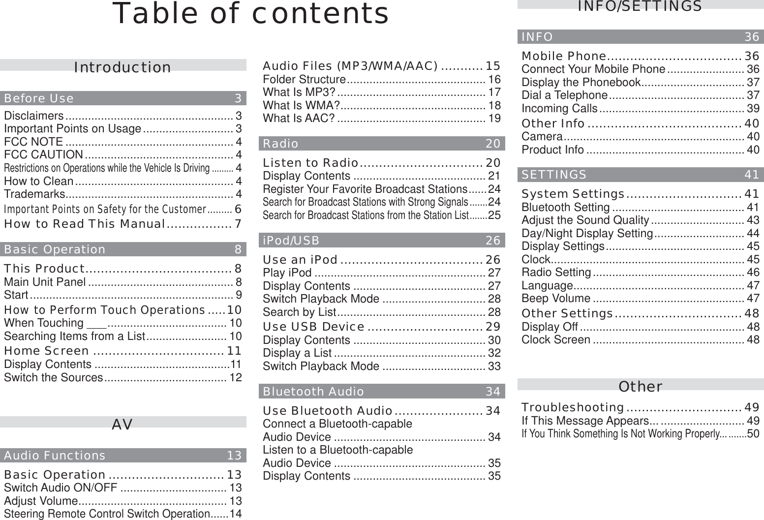 Table of contentsIntroductionBefore Use  3Disclaimers .................................................... 3Important Points on Usage ............................ 3FCC NOTE .................................................... 4FCC CAUTION .............................................. 4Restrictions on Operations while the Vehicle Is Driving .........4How to Clean ................................................. 4Trademarks.................................................... 4Important Points on Safety for the Customer .........6How to Read This Manual .................7Basic Operation  8This Product ......................................8Main Unit Panel ............................................. 8Start ............................................................... 9How to Perform Touch Operations .....10When Touching ___ ..................................... 10Searching Items from a List ......................... 10Home Screen ..................................11Display Contents ..........................................11Switch the Sources ...................................... 12AVAudio Functions  13Basic Operation ..............................13Switch Audio ON/OFF ................................. 13Adjust Volume .............................................. 13Steering Remote Control Switch Operation ......14Audio Files (MP3/WMA/AAC) ...........15Folder Structure ........................................... 16What Is MP3? .............................................. 17What Is WMA? ............................................. 18What Is AAC? .............................................. 19Radio 20Listen to Radio ................................20Display Contents ......................................... 21Register Your Favorite Broadcast Stations ......24Search for Broadcast Stations with Strong Signals .......24Search for Broadcast Stations from the Station List .......25iPod/USB 26Use an iPod .....................................26Play iPod ..................................................... 27Display Contents ......................................... 27Switch Playback Mode ................................ 28Search by List .............................................. 28Use USB Device ..............................29Display Contents ......................................... 30Display a List ............................................... 32Switch Playback Mode ................................ 33Bluetooth Audio  34Use Bluetooth Audio .......................34Connect a Bluetooth-capable  Audio Device ............................................... 34Listen to a Bluetooth-capable  Audio Device ............................................... 35Display Contents ......................................... 35INFO/SETTINGSINFO 36Mobile Phone ...................................36Connect Your Mobile Phone ........................ 36Display the Phonebook ................................ 37Dial a Telephone .......................................... 37Incoming Calls ............................................. 39Other Info ........................................40Camera ........................................................ 40Product Info ................................................. 40SETTINGS 41System Settings ..............................41Bluetooth Setting ......................................... 41Adjust the Sound Quality ............................. 43Day/Night Display Setting ............................ 44Display Settings ........................................... 45Clock ............................................................ 45Radio Setting ............................................... 46Language ..................................................... 47Beep Volume ............................................... 47Other Settings .................................48Display Off ................................................... 48Clock Screen ............................................... 48OtherTroubleshooting ..............................49If This Message Appears... .......................... 49If You Think Something Is Not Working Properly... .......50