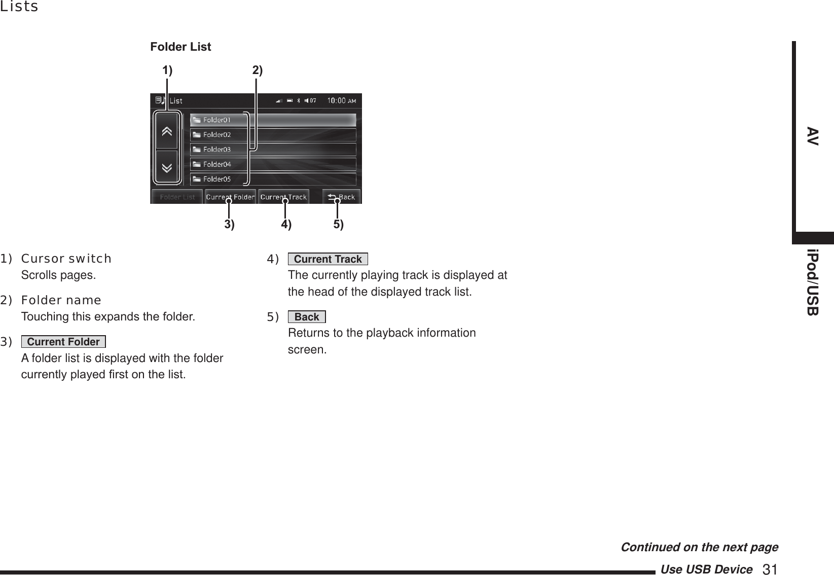 Use USB Device   31AV iPod/USBLists3) 5)1) 2)Folder List4)1) Cursor switch Scrolls pages.2) Folder name 7RXFKLQJWKLVH[SDQGVWKHIROGHU3)  Current Folder   A folder list is displayed with the folder FXUUHQWO\SOD\HG¿UVWRQWKHOLVW4)  Current Track   The currently playing track is displayed at the head of the displayed track list.5)  Back   Returns to the playback information screen.Continued on the next page