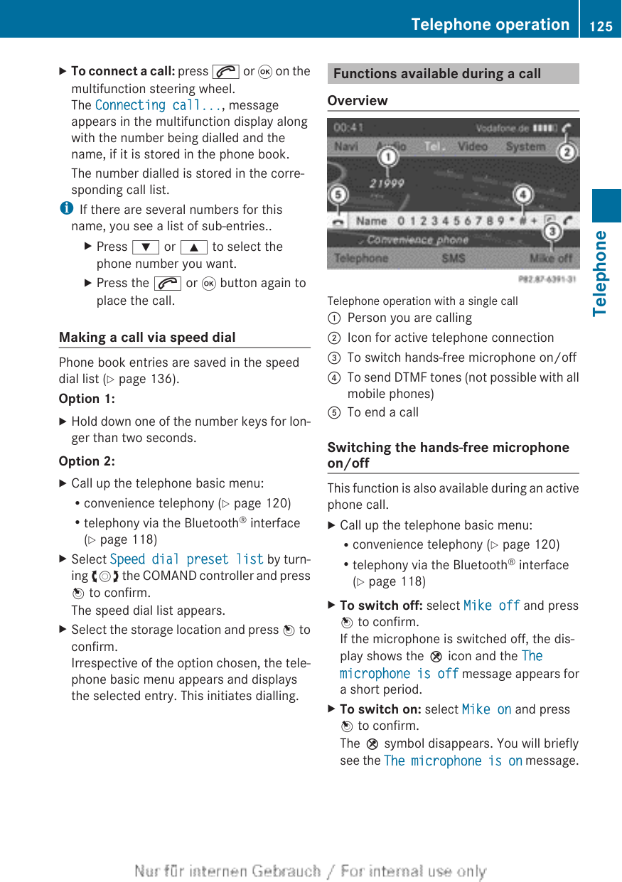 XTo connect a call: press 6 or 9 on themultifunction steering wheel.The Connecting call..., messageappears in the multifunction display alongwith the number being dialled and thename, if it is stored in the phone book.The number dialled is stored in the corre-sponding call list.iIf there are several numbers for thisname, you see a list of sub-entries..XPress : or 9 to select thephone number you want.XPress the 6 or 9 button again toplace the call.Making a call via speed dialPhone book entries are saved in the speeddial list (Y page 136).Option 1:XHold down one of the number keys for lon-ger than two seconds.Option 2:XCall up the telephone basic menu:Rconvenience telephony (Y page 120)Rtelephony via the Bluetooth® interface(Y page 118)XSelect Speed dial preset list by turn-ing cVd the COMAND controller and pressW to confirm.The speed dial list appears.XSelect the storage location and press W toconfirm.Irrespective of the option chosen, the tele-phone basic menu appears and displaysthe selected entry. This initiates dialling.Functions available during a callOverviewTelephone operation with a single call:Person you are calling;Icon for active telephone connection=To switch hands-free microphone on/off?To send DTMF tones (not possible with allmobile phones)ATo end a callSwitching the hands-free microphoneon/offThis function is also available during an activephone call.XCall up the telephone basic menu:Rconvenience telephony (Y page 120)Rtelephony via the Bluetooth® interface(Y page 118)XTo switch off: select Mike off and pressW to confirm.If the microphone is switched off, the dis-play shows the Q icon and the The microphone is off message appears fora short period.XTo switch on: select Mike on and pressW to confirm.The Q symbol disappears. You will brieflysee the The microphone is on message.Telephone operation 125TelephoneZ