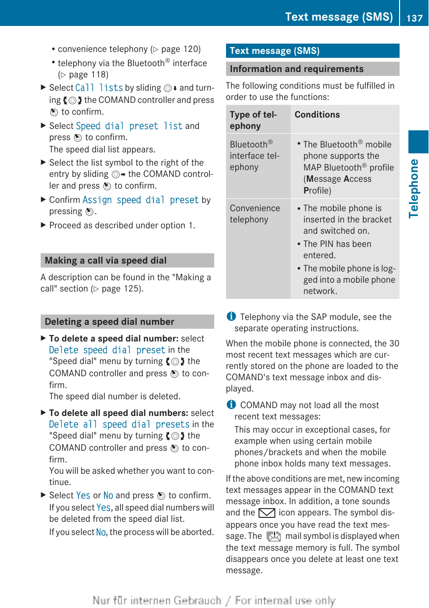 Rconvenience telephony (Y page 120)Rtelephony via the Bluetooth® interface(Y page 118)XSelect Call lists by sliding VÆ and turn-ing cVd the COMAND controller and pressW to confirm.XSelect Speed dial preset list andpress W to confirm.The speed dial list appears.XSelect the list symbol to the right of theentry by sliding VY the COMAND control-ler and press W to confirm.XConfirm Assign speed dial preset bypressing W.XProceed as described under option 1.Making a call via speed dialA description can be found in the &quot;Making acall&quot; section (Y page 125).Deleting a speed dial numberXTo delete a speed dial number: selectDelete speed dial preset in the&quot;Speed dial&quot; menu by turning cVd theCOMAND controller and press W to con-firm.The speed dial number is deleted.XTo delete all speed dial numbers: selectDelete all speed dial presets in the&quot;Speed dial&quot; menu by turning cVd theCOMAND controller and press W to con-firm.You will be asked whether you want to con-tinue.XSelect Yes or No and press W to confirm.If you select Yes, all speed dial numbers willbe deleted from the speed dial list.If you select No, the process will be aborted.Text message (SMS)Information and requirementsThe following conditions must be fulfilled inorder to use the functions:Type of tel-ephonyConditionsBluetooth®interface tel-ephonyRThe Bluetooth® mobilephone supports theMAP Bluetooth® profile(Message AccessProfile)ConveniencetelephonyRThe mobile phone isinserted in the bracketand switched on.RThe PIN has beenentered.RThe mobile phone is log-ged into a mobile phonenetwork.iTelephony via the SAP module, see theseparate operating instructions.When the mobile phone is connected, the 30most recent text messages which are cur-rently stored on the phone are loaded to theCOMAND&apos;s text message inbox and dis-played.iCOMAND may not load all the mostrecent text messages:This may occur in exceptional cases, forexample when using certain mobilephones/brackets and when the mobilephone inbox holds many text messages.If the above conditions are met, new incomingtext messages appear in the COMAND textmessage inbox. In addition, a tone soundsand the / icon appears. The symbol dis-appears once you have read the text mes-sage. The ú mail symbol is displayed whenthe text message memory is full. The symboldisappears once you delete at least one textmessage.Text message (SMS) 137TelephoneZ