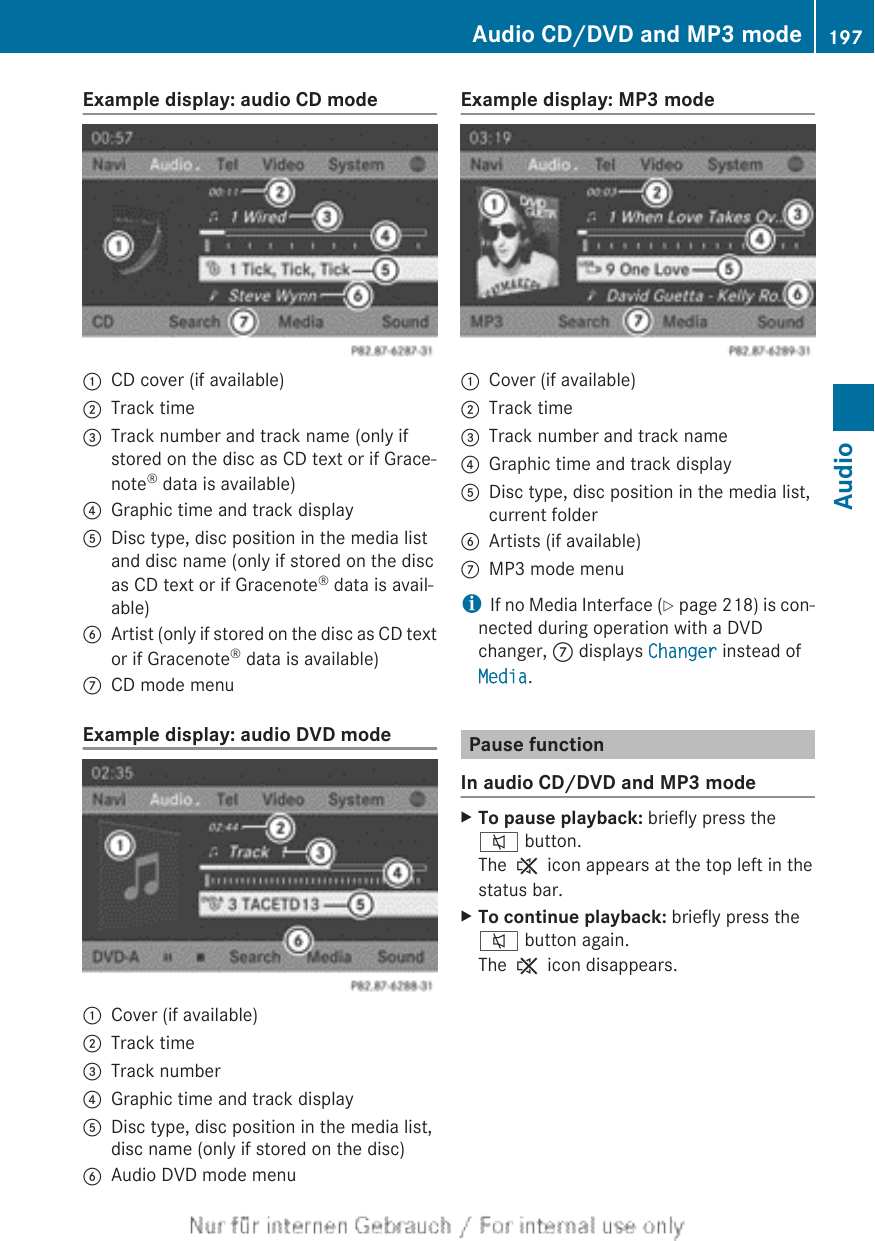 Example display: audio CD mode:CD cover (if available);Track time=Track number and track name (only ifstored on the disc as CD text or if Grace-note® data is available)?Graphic time and track displayADisc type, disc position in the media listand disc name (only if stored on the discas CD text or if Gracenote® data is avail-able)BArtist (only if stored on the disc as CD textor if Gracenote® data is available)CCD mode menuExample display: audio DVD mode:Cover (if available);Track time=Track number?Graphic time and track displayADisc type, disc position in the media list,disc name (only if stored on the disc)BAudio DVD mode menuExample display: MP3 mode:Cover (if available);Track time=Track number and track name?Graphic time and track displayADisc type, disc position in the media list,current folderBArtists (if available)CMP3 mode menuiIf no Media Interface (Y page 218) is con-nected during operation with a DVDchanger, C displays Changer instead ofMedia.Pause functionIn audio CD/DVD and MP3 modeXTo pause playback: briefly press the8 button.The , icon appears at the top left in thestatus bar.XTo continue playback: briefly press the8 button again.The , icon disappears.Audio CD/DVD and MP3 mode 197AudioZ