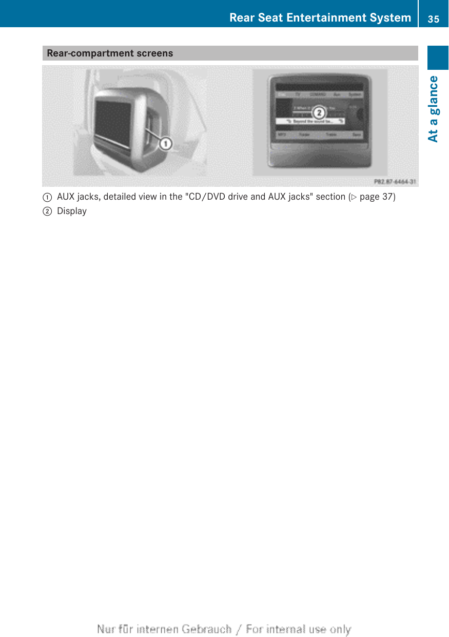 Rear-compartment screens:AUX jacks, detailed view in the &quot;CD/DVD drive and AUX jacks&quot; section (Y page 37);DisplayRear Seat Entertainment System 35At a glance