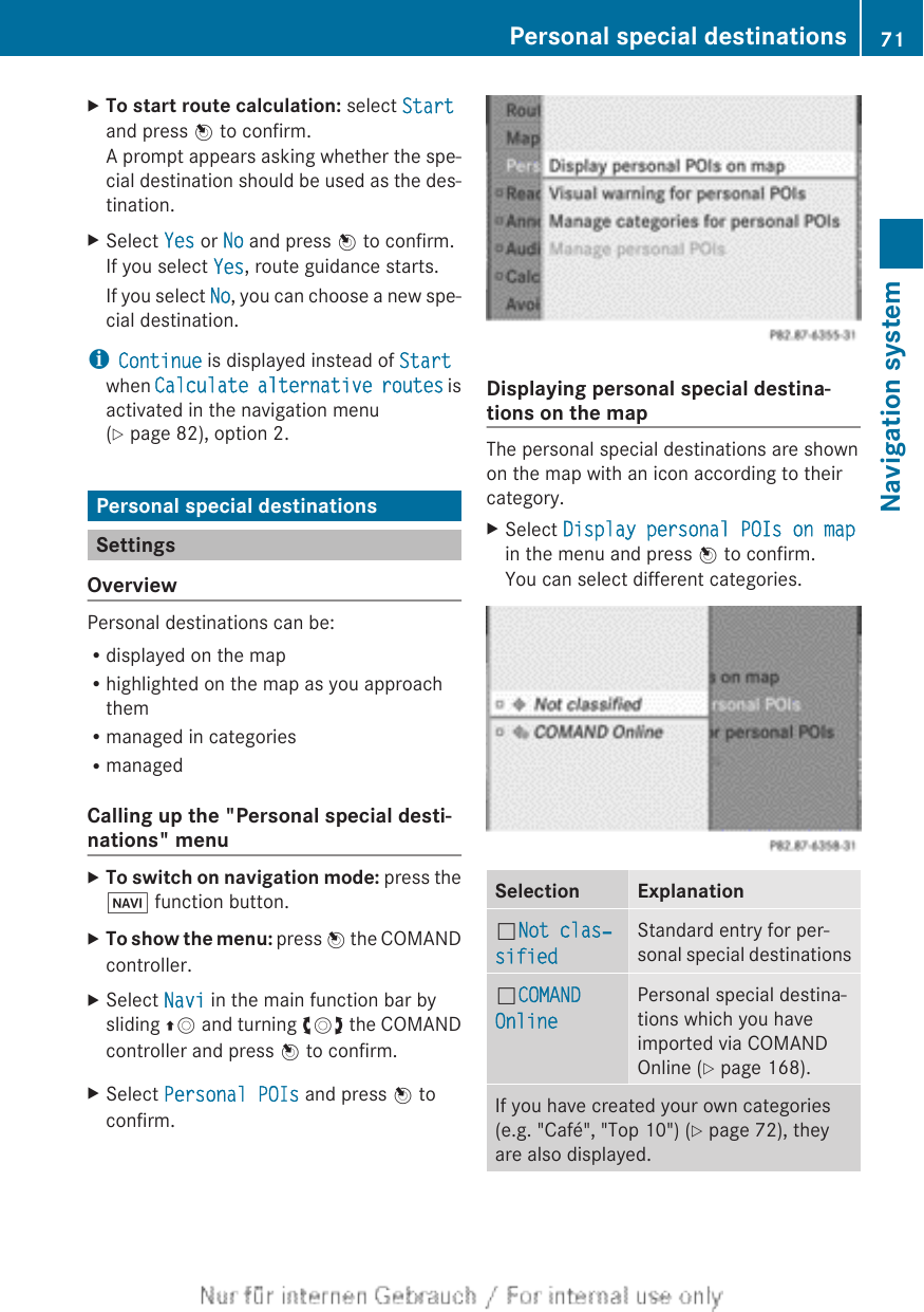 XTo start route calculation: select Startand press W to confirm.A prompt appears asking whether the spe-cial destination should be used as the des-tination.XSelect Yes or No and press W to confirm.If you select Yes, route guidance starts.If you select No, you can choose a new spe-cial destination.iContinue is displayed instead of Startwhen Calculate alternative routes isactivated in the navigation menu(Y page 82), option 2.Personal special destinationsSettingsOverviewPersonal destinations can be:Rdisplayed on the mapRhighlighted on the map as you approachthemRmanaged in categoriesRmanagedCalling up the &quot;Personal special desti-nations&quot; menuXTo switch on navigation mode: press theØ function button.XTo show the menu: press W the COMANDcontroller.XSelect Navi in the main function bar bysliding ZV and turning cVd the COMANDcontroller and press W to confirm.XSelect Personal POIs and press W toconfirm.Displaying personal special destina-tions on the mapThe personal special destinations are shownon the map with an icon according to theircategory.XSelect Display personal POIs on mapin the menu and press W to confirm.You can select different categories.Selection ExplanationªNot clas‐sifiedStandard entry for per-sonal special destinationsªCOMAND OnlinePersonal special destina-tions which you haveimported via COMANDOnline (Y page 168).If you have created your own categories(e.g. &quot;Café&quot;, &quot;Top 10&quot;) (Y page 72), theyare also displayed.Personal special destinations 71Navigation systemZ