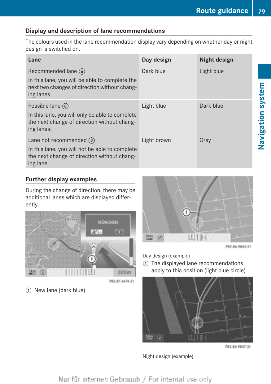 Display and description of lane recommendationsThe colours used in the lane recommendation display vary depending on whether day or nightdesign is switched on.Lane Day design Night designRecommended lane BIn this lane, you will be able to complete thenext two changes of direction without chang-ing lanes.Dark blue Light bluePossible lane DIn this lane, you will only be able to completethe next change of direction without chang-ing lanes.Light blue Dark blueLane not recommended EIn this lane, you will not be able to completethe next change of direction without chang-ing lane.Light brown GreyFurther display examplesDuring the change of direction, there may beadditional lanes which are displayed differ-ently.:New lane (dark blue)Day design (example):The displayed lane recommendationsapply to this position (light blue circle)Night design (example)Route guidance 79Navigation systemZ