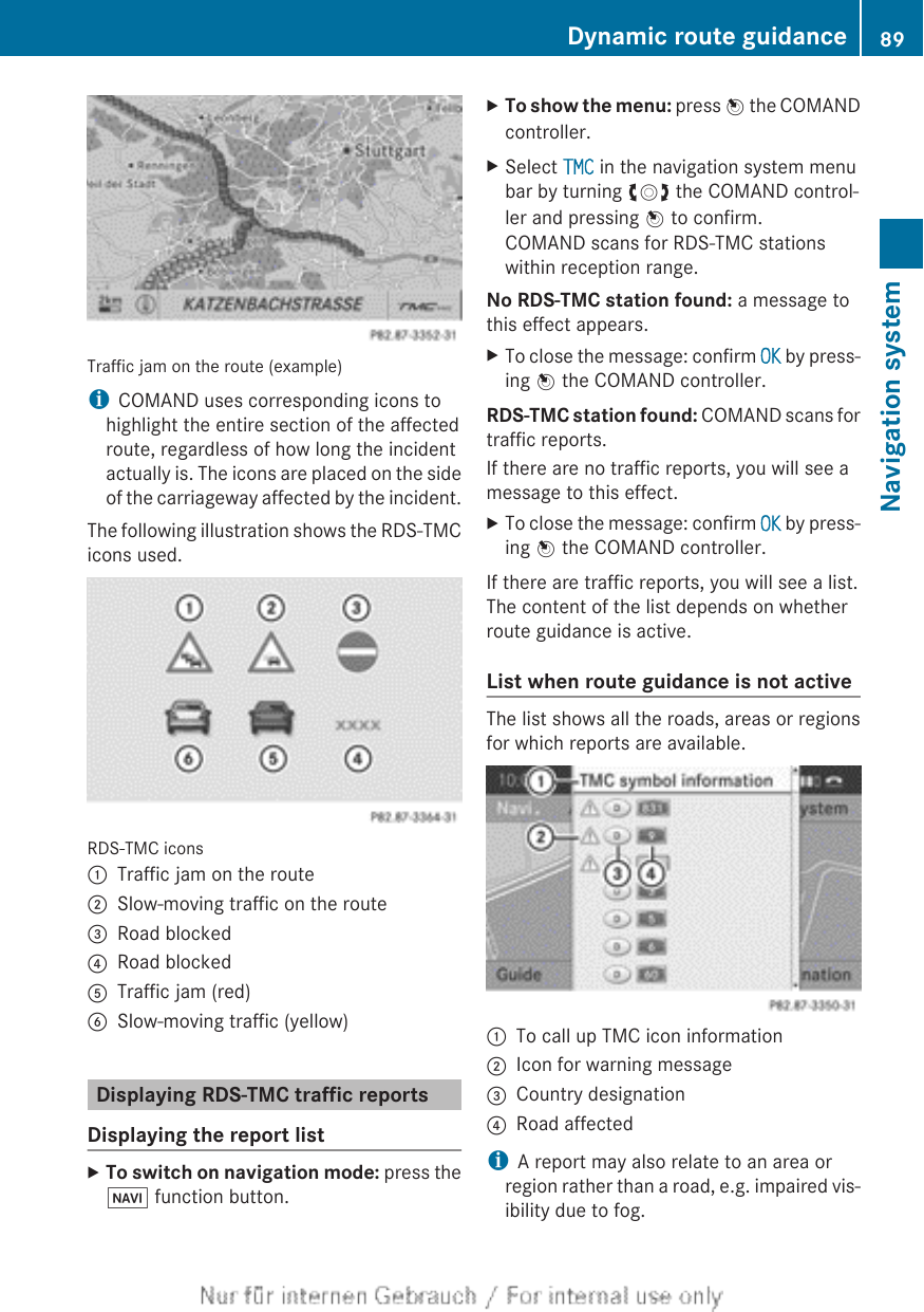 Traffic jam on the route (example)iCOMAND uses corresponding icons tohighlight the entire section of the affectedroute, regardless of how long the incidentactually is. The icons are placed on the sideof the carriageway affected by the incident.The following illustration shows the RDS-TMCicons used.RDS-TMC icons:Traffic jam on the route;Slow-moving traffic on the route=Road blocked?Road blockedATraffic jam (red)BSlow-moving traffic (yellow)Displaying RDS-TMC traffic reportsDisplaying the report listXTo switch on navigation mode: press theØ function button.XTo show the menu: press W the COMANDcontroller.XSelect TMC in the navigation system menubar by turning cVd the COMAND control-ler and pressing W to confirm.COMAND scans for RDS-TMC stationswithin reception range.No RDS-TMC station found: a message tothis effect appears.XTo close the message: confirm OK by press-ing W the COMAND controller.RDS-TMC station found: COMAND scans fortraffic reports.If there are no traffic reports, you will see amessage to this effect.XTo close the message: confirm OK by press-ing W the COMAND controller.If there are traffic reports, you will see a list.The content of the list depends on whetherroute guidance is active.List when route guidance is not activeThe list shows all the roads, areas or regionsfor which reports are available.:To call up TMC icon information;Icon for warning message=Country designation?Road affectediA report may also relate to an area orregion rather than a road, e.g. impaired vis-ibility due to fog.Dynamic route guidance 89Navigation systemZ