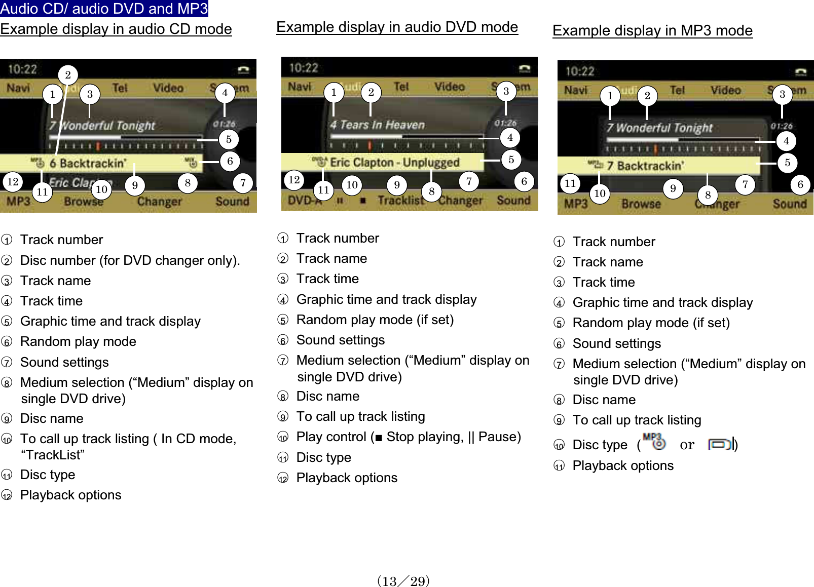 Audio CD/ audio DVD and MP3Example display in audio CD mode123456789101112䂾1  Track number䂾2Disc number (for DVD changer only).䂾3  Track name䂾4  Track time䂾5Graphic time and track display䂾6  Random play mode䂾7  Sound settings䂾8Medium selection (“Medium” display on single DVD drive)䂾9  Disc name䂾10 To call up track listing ( In CD mode, “TrackList”䂾11   Disc type䂾12   Playback optionsExample display in audio DVD mode1 2 34567891112 10䂾1  Track number䂾2  Track name䂾3  Track time䂾4Graphic time and track display䂾5Random play mode (if set) 䂾6  Sound settings䂾7Medium selection (“Medium” display on single DVD drive)䂾8  Disc name䂾9To call up track listing 䂾10 Play control (Ŷ Stop playing, || Pause)䂾11   Disc type䂾12   Playback optionsExample display in MP3 mode1 2 34567891011䂾1  Track number䂾2  Track name䂾3  Track time䂾4Graphic time and track display䂾5Random play mode (if set) 䂾6  Sound settings䂾7Medium selection (“Medium” display on single DVD drive)䂾8  Disc name䂾9To call up track listing 䂾10   Disc type㩷(㩷or㩷)䂾11   Playback options䋨13䋯29䋩