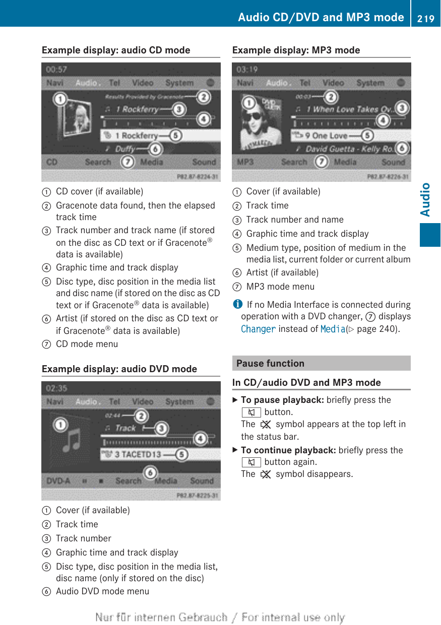 Example display: audio CD mode:CD cover (if available);Gracenote data found, then the elapsedtrack time=Track number and track name (if storedon the disc as CD text or if Gracenote®data is available)?Graphic time and track displayADisc type, disc position in the media listand disc name (if stored on the disc as CDtext or if Gracenote® data is available)BArtist (if stored on the disc as CD text orif Gracenote® data is available)CCD mode menuExample display: audio DVD mode:Cover (if available);Track time=Track number?Graphic time and track displayADisc type, disc position in the media list,disc name (only if stored on the disc)BAudio DVD mode menuExample display: MP3 mode:Cover (if available);Track time=Track number and name?Graphic time and track displayAMedium type, position of medium in themedia list, current folder or current albumBArtist (if available)CMP3 mode menuiIf no Media Interface is connected duringoperation with a DVD changer, C displaysChanger instead of Media(Y page 240).Pause functionIn CD/audio DVD and MP3 modeXTo pause playback: briefly press the8 button.The , symbol appears at the top left inthe status bar.XTo continue playback: briefly press the8 button again.The , symbol disappears.Audio CD/DVD and MP3 mode 219AudioZ