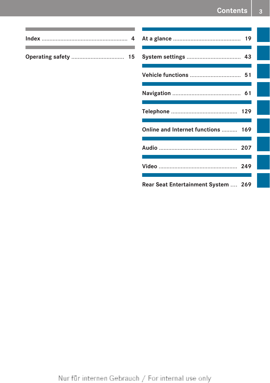 Index ....................................................... 4Operating safety ................................. 15At a glance ........................................... 19System settings .................................. 43Vehicle functions ................................ 51Navigation ........................................... 61Telephone .......................................... 129Online and Internet functions .......... 169Audio .................................................. 207Video .................................................. 249Rear Seat Entertainment System .... 269Contents 3