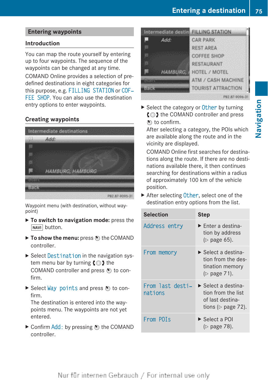 Entering waypointsIntroductionYou can map the route yourself by enteringup to four waypoints. The sequence of thewaypoints can be changed at any time.COMAND Online provides a selection of pre-defined destinations in eight categories forthis purpose, e.g. FILLING STATION or COF‐FEE SHOP. You can also use the destinationentry options to enter waypoints.Creating waypointsWaypoint menu (with destination, without way-point)XTo switch to navigation mode: press theØ button.XTo show the menu: press W the COMANDcontroller.XSelect Destination in the navigation sys-tem menu bar by turning cVd theCOMAND controller and press W to con-firm.XSelect Way points and press W to con-firm.The destination is entered into the way-points menu. The waypoints are not yetentered.XConfirm Add: by pressing W the COMANDcontroller.XSelect the category or Other by turningcVd the COMAND controller and pressW to confirm.After selecting a category, the POIs whichare available along the route and in thevicinity are displayed.COMAND Online first searches for destina-tions along the route. If there are no desti-nations available there, it then continuessearching for destinations within a radiusof approximately 100 km of the vehicleposition.XAfter selecting Other, select one of thedestination entry options from the list.Selection StepAddress entry XEnter a destina-tion by address(Y page 65).From memory XSelect a destina-tion from the des-tination memory(Y page 71).From last desti‐nationsXSelect a destina-tion from the listof last destina-tions (Y page 72).From POIs XSelect a POI(Y page 78).Entering a destination 75NavigationZ