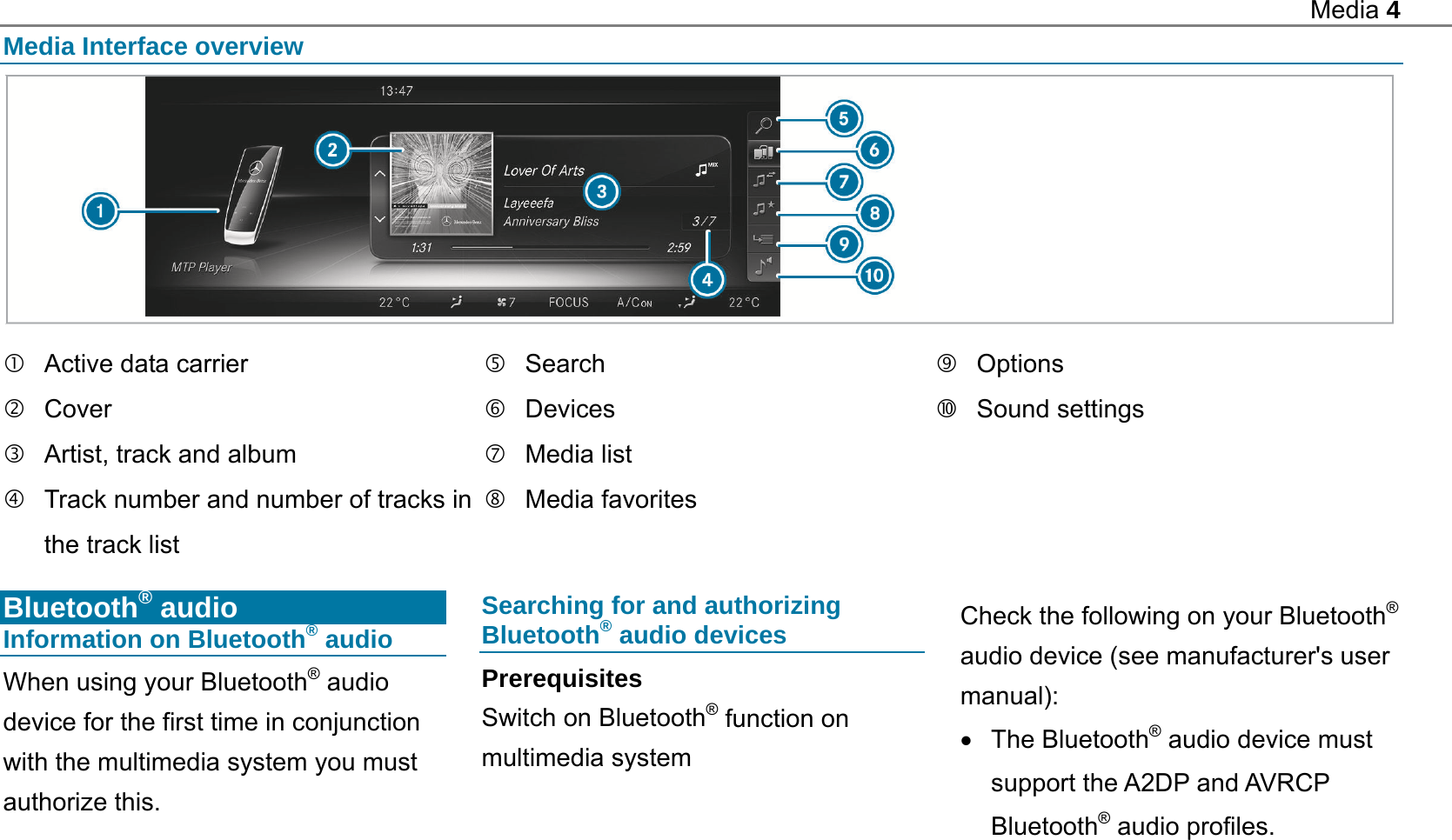 Media 4  Media Interface overview    Active data carrier  Cover   Artist, track and album   Track number and number of tracks in the track list  Search  Devices  Media list  Media favorites  Options  Sound settings  Bluetooth&reg; audio Information on Bluetooth&reg; audio When using your Bluetooth&reg; audio device for the first time in conjunction with the multimedia system you must authorize this. Searching for and authorizing Bluetooth&reg; audio devices Prerequisites Switch on Bluetooth&reg; function on multimedia system Check the following on your Bluetooth&reg; audio device (see manufacturer's user manual):  The Bluetooth&reg; audio device must support the A2DP and AVRCP Bluetooth&reg; audio profiles. 