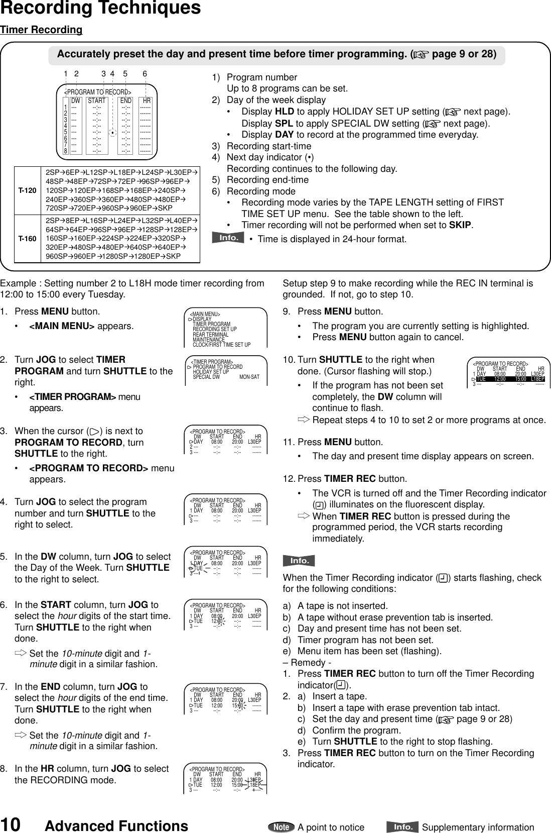 10 Advanced FunctionsNoteA point to noticeInfo.Supplementary informationExample : Setting number 2 to L18H mode timer recording from12:00 to 15:00 every Tuesday.1. Press MENU button.•&lt;MAIN MENU&gt; appears.2. Turn JOG to select TIMERPROGRAM and turn SHUTTLE to theright.•&lt;TIMER PROGRAM&gt; menuappears.3. When the cursor ( ) is next toPROGRAM TO RECORD, turnSHUTTLE to the right.•&lt;PROGRAM TO RECORD&gt; menuappears.4. Turn JOG to select the programnumber and turn SHUTTLE to theright to select.5. In the DW column, turn JOG to selectthe Day of the Week. Turn SHUTTLEto the right to select.6. In the START column, turn JOG toselect the hour digits of the start time.Turn SHUTTLE to the right whendone.Set the 10-minute digit and 1-minute digit in a similar fashion.7. In the END column, turn JOG toselect the hour digits of the end time.Turn SHUTTLE to the right whendone.Set the 10-minute digit and 1-minute digit in a similar fashion.8. In the HR column, turn JOG to selectthe RECORDING mode.Recording Techniques&lt;PROGRAM TO RECORD&gt;DW START END HR1 --- --:-- --:-- ------2 --- --:-- --:-- ------3 --- --:-- --:-- ------4 --- --:-- --:-- ------5 --- --:-- --:-- ------6 --- --:-- --:-- ------7 --- --:-- --:-- ------8 --- --:-- --:-- ------1654321) Program numberUp to 8 programs can be set.2) Day of the week display•Display HLD to apply HOLIDAY SET UP setting (  next page).Display SPL to apply SPECIAL DW setting (  next page).•Display DAY to record at the programmed time everyday.3) Recording start-time4) Next day indicator (•)Recording continues to the following day.5) Recording end-time6) Recording mode•Recording mode varies by the TAPE LENGTH setting of FIRSTTIME SET UP menu.  See the table shown to the left.•Timer recording will not be performed when set to SKIP.Info.  •  Time is displayed in 24-hour format.Accurately preset the day and present time before timer programming. (  page 9 or 28)Timer Recording&lt;MAIN MENU&gt;DISPLAYTIMER PROGRAMRECORDING SET UPREAR TERMINALMAINTENANCECLOCK/FIRST TIME SET UP&lt;TIMER PROGRAM&gt;PROGRAM TO RECORDHOLIDAY SET UPSPECIAL DW MON-SAT&lt;PROGRAM TO RECORD&gt;DW START END HR1 DAY 08:00 20:00 L30EP2 --- --:-- --:-- ------3--- --:-- --:-- ------&lt;PROGRAM TO RECORD&gt;DW START END HR1 DAY 08:00 20:00 L30EP2 --- --:-- --:-- ------3 --- --:-- --:-- ------&lt;PROGRAM TO RECORD&gt;DW START END HR1 DAY 08:00 20:00 L30EP2 TUE --:-- --:-- ------3 --- --:-- --:-- ------&lt;PROGRAM TO RECORD&gt;DW START END HR1 DAY 08:00 20:00 L30EP2 TUE 12:00 --:-- ------3 --- --:-- --:-- ------&lt;PROGRAM TO RECORD&gt;DW START END HR1 DAY 08:00 20:00 L30EP2 TUE 12:00 15:00 ------3 --- --:-- --:-- ------&lt;PROGRAM TO RECORD&gt;DW START END HR1 DAY 08:00 20:00 L30EP2 TUE 12:00 15:00 L18EP3 --- --:-- --:-- ------&lt;PROGRAM TO RECORD&gt;DW START END HR1 DAY 08:00 20:00 L30EP2TUE 12:00 15:00 L18EP3 --- --:-- --:-- ------Setup step 9 to make recording while the REC IN terminal isgrounded.  If not, go to step 10.9. Press MENU button.•The program you are currently setting is highlighted.•Press MENU button again to cancel.10. Turn SHUTTLE to the right whendone. (Cursor flashing will stop.)•If the program has not been setcompletely, the DW column willcontinue to flash.Repeat steps 4 to 10 to set 2 or more programs at once.11. Press MENU button.•The day and present time display appears on screen.12. Press TIMER REC button.•The VCR is turned off and the Timer Recording indicator() illuminates on the fluorescent display.When TIMER REC button is pressed during theprogrammed period, the VCR starts recordingimmediately.Info.When the Timer Recording indicator ( ) starts flashing, checkfor the following conditions:a) A tape is not inserted.b) A tape without erase prevention tab is inserted.c) Day and present time has not been set.d) Timer program has not been set.e) Menu item has been set (flashing).– Remedy -1. Press TIMER REC button to turn off the Timer Recordingindicator( ).2. a) Insert a tape.b) Insert a tape with erase prevention tab intact.c) Set the day and present time (  page 9 or 28)d) Confirm the program.e) Turn SHUTTLE to the right to stop flashing.3. Press TIMER REC button to turn on the Timer Recordingindicator.T-120T-1602SP   8EP   L16SP   L24EP   L32SP   L40EP   64SP   64EP   96SP   96EP   128SP   128EP   160SP   160EP   224SP   224EP   320SP   320EP   480SP   480EP   640SP   640EP   960SP   960EP   1280SP   1280EP   SKP2SP   6EP   L12SP   L18EP   L24SP   L30EP   48SP   48EP   72SP   72EP   96SP   96EP   120SP   120EP   168SP   168EP   240SP   240EP   360SP   360EP   480SP   480EP   720SP   720EP   960SP   960EP   SKP