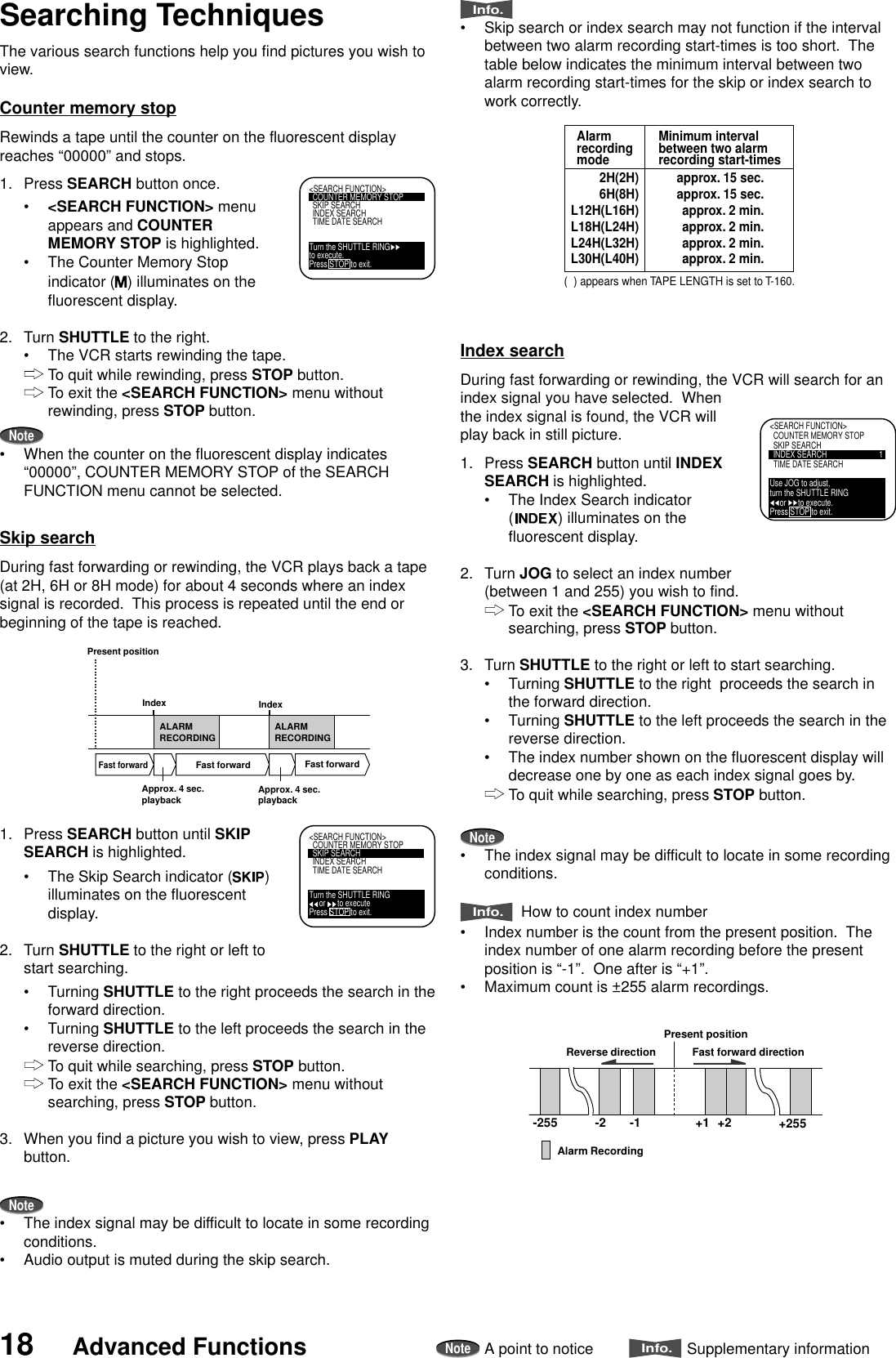 18 Advanced FunctionsNoteA point to noticeInfo.Supplementary information&lt;SEARCH FUNCTION&gt;COUNTER MEMORY STOPSKIP SEARCHINDEX SEARCH 1TIME DATE SEARCHUse JOG to adjust,turn the SHUTTLE RING     or      to execute.Press STOP to exit.Reverse direction Fast forward direction-255 -2 -1Present position+2+1 +255Alarm RecordingSearching TechniquesThe various search functions help you find pictures you wish toview.Counter memory stopRewinds a tape until the counter on the fluorescent displayreaches “00000” and stops.1. Press SEARCH button once.•&lt;SEARCH FUNCTION&gt; menuappears and COUNTERMEMORY STOP is highlighted.•The Counter Memory Stopindicator ( ) illuminates on thefluorescent display.2. Turn SHUTTLE to the right.•The VCR starts rewinding the tape.To quit while rewinding, press STOP button.To exit the &lt;SEARCH FUNCTION&gt; menu withoutrewinding, press STOP button.Note•When the counter on the fluorescent display indicates“00000”, COUNTER MEMORY STOP of the SEARCHFUNCTION menu cannot be selected.Skip searchDuring fast forwarding or rewinding, the VCR plays back a tape(at 2H, 6H or 8H mode) for about 4 seconds where an indexsignal is recorded.  This process is repeated until the end orbeginning of the tape is reached.1. Press SEARCH button until SKIPSEARCH is highlighted.•The Skip Search indicator ( )illuminates on the fluorescentdisplay.2. Turn SHUTTLE to the right or left tostart searching.•Turning SHUTTLE to the right proceeds the search in theforward direction.•Turning SHUTTLE to the left proceeds the search in thereverse direction.To quit while searching, press STOP button.To exit the &lt;SEARCH FUNCTION&gt; menu withoutsearching, press STOP button.3. When you find a picture you wish to view, press PLAYbutton.Note•The index signal may be difficult to locate in some recordingconditions.•Audio output is muted during the skip search.&lt;SEARCH FUNCTION&gt;COUNTER MEMORY STOPSKIP SEARCHINDEX SEARCHTIME DATE SEARCHTurn the SHUTTLE RING     or      to executePress STOP to exit.Info.•Skip search or index search may not function if the intervalbetween two alarm recording start-times is too short.  Thetable below indicates the minimum interval between twoalarm recording start-times for the skip or index search towork correctly.Index searchDuring fast forwarding or rewinding, the VCR will search for anindex signal you have selected.  Whenthe index signal is found, the VCR willplay back in still picture.1. Press SEARCH button until INDEXSEARCH is highlighted.•The Index Search indicator() illuminates on thefluorescent display.2. Turn JOG to select an index number(between 1 and 255) you wish to find.To exit the &lt;SEARCH FUNCTION&gt; menu withoutsearching, press STOP button.3. Turn SHUTTLE to the right or left to start searching.•Turning SHUTTLE to the right  proceeds the search inthe forward direction.•Turning SHUTTLE to the left proceeds the search in thereverse direction.•The index number shown on the fluorescent display willdecrease one by one as each index signal goes by.To quit while searching, press STOP button.Note•The index signal may be difficult to locate in some recordingconditions.Info.  How to count index number•Index number is the count from the present position.  Theindex number of one alarm recording before the presentposition is “-1”.  One after is “+1”.•Maximum count is ±255 alarm recordings.Minimum intervalbetween two alarmrecording start-timesAlarmrecordingmode2H(2H)6H(8H)L12H(L16H)L18H(L24H)L24H(L32H)L30H(L40H)approx. 15 sec.approx. 15 sec.approx. 2 min.approx. 2 min.approx. 2 min.approx. 2 min.(  ) appears when TAPE LENGTH is set to T-160.ALARMRECORDING ALARMRECORDINGPresent positionIndexFast forwardFast forwardIndexApprox. 4 sec.playback Approx. 4 sec.playbackFast forward&lt;SEARCH FUNCTION&gt;COUNTER MEMORY STOPSKIP SEARCHINDEX SEARCHTIME DATE SEARCHTurn the SHUTTLE RINGto execute.Press STOP to exit.