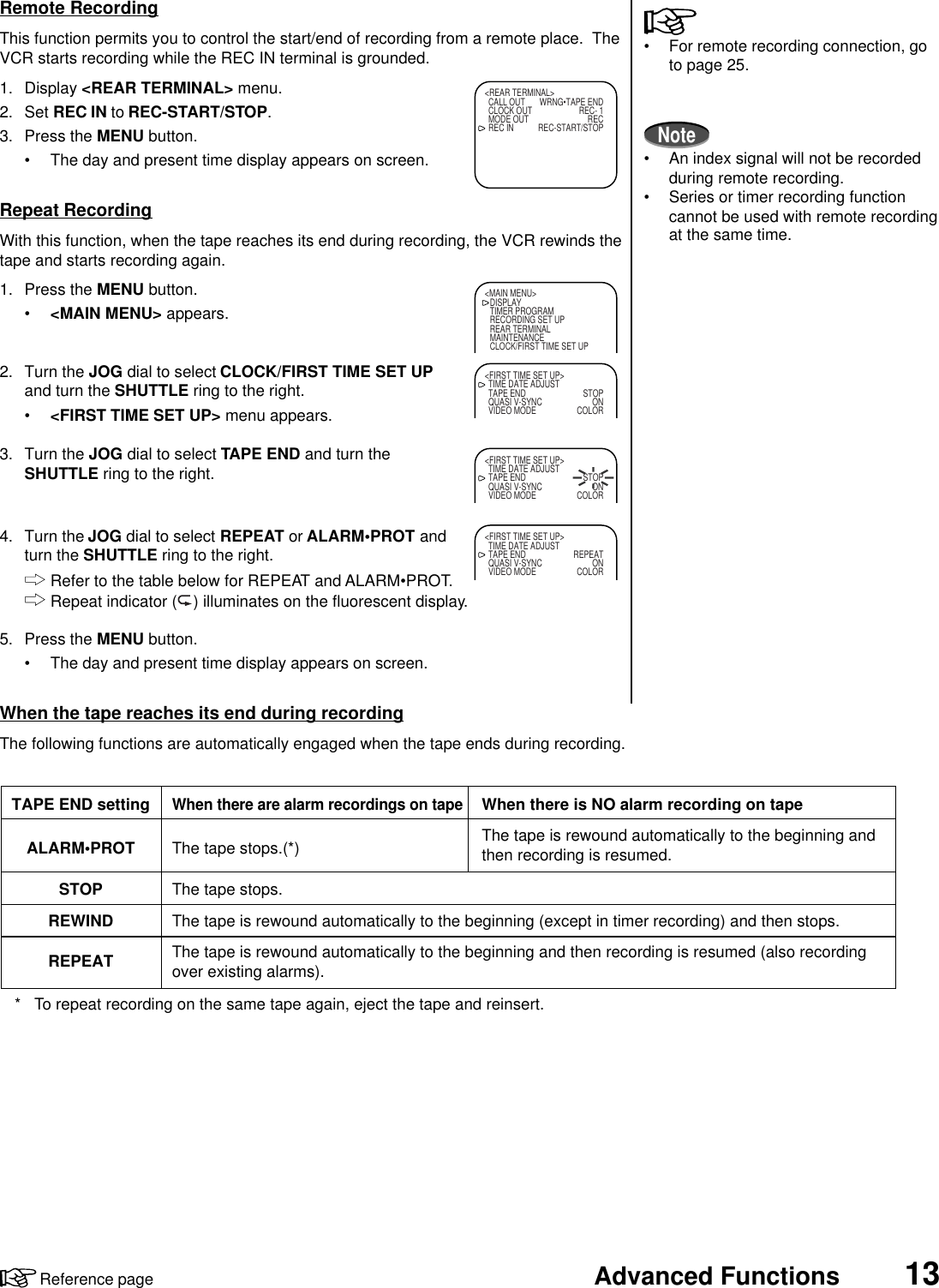 13Advanced FunctionsReference pageRemote RecordingThis function permits you to control the start/end of recording from a remote place.  TheVCR starts recording while the REC IN terminal is grounded.1. Display &lt;REAR TERMINAL&gt; menu.2. Set REC IN to REC-START/STOP.3. Press the MENU button.• The day and present time display appears on screen.Repeat RecordingWith this function, when the tape reaches its end during recording, the VCR rewinds thetape and starts recording again.1. Press the MENU button.•&lt;MAIN MENU&gt; appears.2. Turn the JOG dial to select CLOCK/FIRST TIME SET UPand turn the SHUTTLE ring to the right.•&lt;FIRST TIME SET UP&gt; menu appears.3. Turn the JOG dial to select TAPE END and turn theSHUTTLE ring to the right.4. Turn the JOG dial to select REPEAT or ALARM•PROT andturn the SHUTTLE ring to the right.Refer to the table below for REPEAT and ALARM•PROT.Repeat indicator ( ) illuminates on the fluorescent display.5. Press the MENU button.• The day and present time display appears on screen.When the tape reaches its end during recordingThe following functions are automatically engaged when the tape ends during recording.*   To repeat recording on the same tape again, eject the tape and reinsert.&lt;REAR TERMINAL&gt;CALL OUT WRNG•TAPE ENDCLOCK OUT REC- 1MODE OUT RECREC IN REC-START/STOPTAPE END settingREPEATREWINDALARM•PROTSTOP The tape stops.When there are alarm recordings on tapeWhen there is NO alarm recording on tapeThe tape stops.(*) The tape is rewound automatically to the beginning andthen recording is resumed.The tape is rewound automatically to the beginning (except in timer recording) and then stops.The tape is rewound automatically to the beginning and then recording is resumed (also recordingover existing alarms).• For remote recording connection, goto page 25.Note• An index signal will not be recordedduring remote recording.• Series or timer recording functioncannot be used with remote recordingat the same time.&lt;MAIN MENU&gt;DISPLAYTIMER PROGRAMRECORDING SET UPREAR TERMINALMAINTENANCECLOCK/FIRST TIME SET UP&lt;FIRST TIME SET UP&gt;TIME DATE ADJUSTTAPE END STOPQUASI V-SYNC ONVIDEO MODE COLOR&lt;FIRST TIME SET UP&gt;TIME DATE ADJUSTTAPE END STOPQUASI V-SYNC ONVIDEO MODE COLOR&lt;FIRST TIME SET UP&gt;TIME DATE ADJUSTTAPE END REPEATQUASI V-SYNC ONVIDEO MODE COLOR