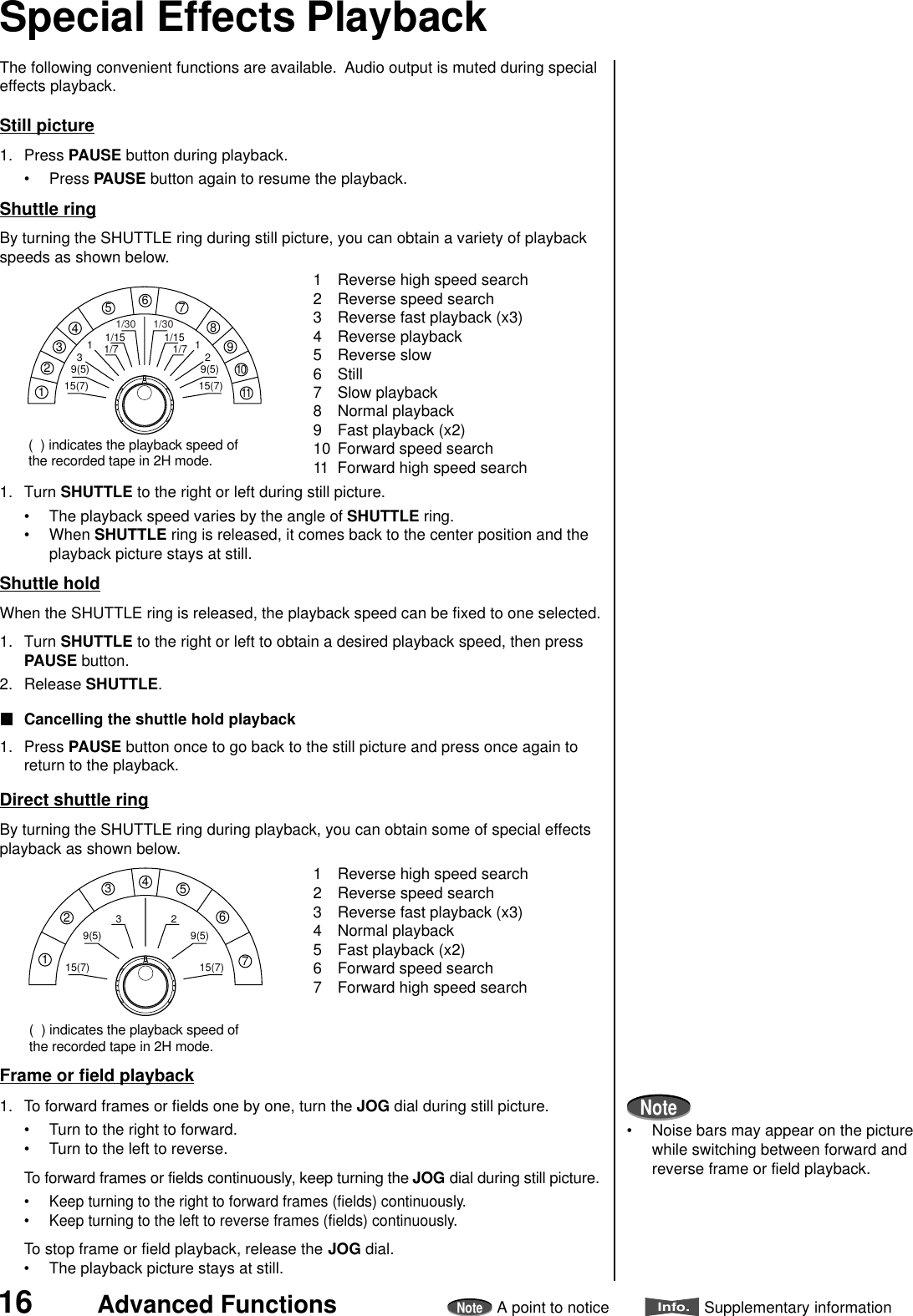 16 Advanced FunctionsNoteA point to noticeInfo.Supplementary informationSpecial Effects PlaybackThe following convenient functions are available.  Audio output is muted during specialeffects playback.Still picture1. Press PAUSE button during playback.• Press PAUSE button again to resume the playback.Shuttle ringBy turning the SHUTTLE ring during still picture, you can obtain a variety of playbackspeeds as shown below.1. Turn SHUTTLE to the right or left during still picture.• The playback speed varies by the angle of SHUTTLE ring.• When SHUTTLE ring is released, it comes back to the center position and theplayback picture stays at still.Shuttle holdWhen the SHUTTLE ring is released, the playback speed can be fixed to one selected.1. Turn SHUTTLE to the right or left to obtain a desired playback speed, then pressPAUSE button.2. Release SHUTTLE.Cancelling the shuttle hold playback1. Press PAUSE button once to go back to the still picture and press once again toreturn to the playback.Direct shuttle ringBy turning the SHUTTLE ring during playback, you can obtain some of special effectsplayback as shown below.Frame or field playback1. To forward frames or fields one by one, turn the JOG dial during still picture.• Turn to the right to forward.• Turn to the left to reverse.To forward frames or fields continuously, keep turning the JOG dial during still picture.• Keep turning to the right to forward frames (fields) continuously.• Keep turning to the left to reverse frames (fields) continuously.To stop frame or field playback, release the JOG dial.• The playback picture stays at still.Note• Noise bars may appear on the picturewhile switching between forward andreverse frame or field playback.(  ) indicates the playback speed ofthe recorded tape in 2H mode.15(7)9(5)211/71/151/30 89101175615(7)9(5)311/71/151/3043211 Reverse high speed search2 Reverse speed search3 Reverse fast playback (x3)4 Reverse playback5 Reverse slow6 Still7 Slow playback8 Normal playback9 Fast playback (x2)10 Forward speed search11 Forward high speed search(  ) indicates the playback speed ofthe recorded tape in 2H mode.15(7)9(5)9(5)275615(7)343211 Reverse high speed search2 Reverse speed search3 Reverse fast playback (x3)4 Normal playback5 Fast playback (x2)6 Forward speed search7 Forward high speed search