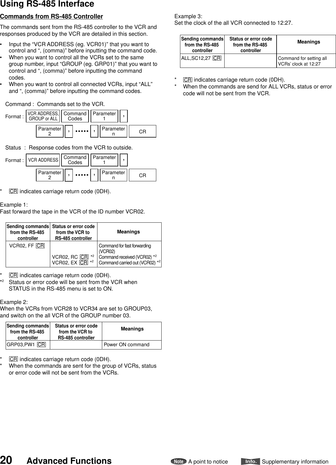 20 Advanced FunctionsNoteA point to noticeInfo.Supplementary informationCommands from RS-485 ControllerThe commands sent from the RS-485 controller to the VCR andresponses produced by the VCR are detailed in this section.• Input the “VCR ADDRESS (eg. VCR01)” that you want tocontrol and “, (comma)” before inputting the command code.• When you want to control all the VCRs set to the samegroup number, input “GROUP (eg. GRP01)” that you want tocontrol and “, (comma)” before inputting the commandcodes.• When you want to control all connected VCRs, input “ALL”and “, (comma)” before inputting the command codes.*CR  indicates carriage return code (0DH).Example 1:Fast forward the tape in the VCR of the ID number VCR02.*CR  indicates carriage return code (0DH).*2Status or error code will be sent from the VCR whenSTATUS in the RS-485 menu is set to ON.Example 2:When the VCRs from VCR28 to VCR34 are set to GROUP03,and switch on the all VCR of the GROUP number 03.*CR  indicates carriage return code (0DH).* When the commands are sent for the group of VCRs, statusor error code will not be sent from the VCRs.Example 3:Set the clock of the all VCR connected to 12:27.*CR  indicates carriage return code (0DH).* When the commands are send for ALL VCRs, status or errorcode will not be sent from the VCR.Using RS-485 InterfaceSending commandsfrom the RS-485 controllerStatus or error codefrom the VCR to RS-485 controllerMeaningsCommand for fast forwarding(VCR02)Command received (VCR02) *2Command carried out (VCR02) *2VCR02, FF  CRVCR02, RC  CR  *2VCR02, EX  CR  *2Format : CommandCodesVCR ADDRESS,GROUP or ALLParameter1,Parameter2,,ParameternCRFormat : CommandCodesVCR ADDRESSParameter1,Parameter2,,ParameternCRCommand :  Commands set to the VCR.Status  :  Response codes from the VCR to outside.Sending commandsfrom the RS-485 controllerStatus or error codefrom the RS-485 controllerMeaningsCommand for setting all VCRs’ clock at 12:27ALL,SC12,27  CRGRP03,PW1  CR Power ON commandSending commandsfrom the RS-485 controllerStatus or error codefrom the VCR to RS-485 controllerMeanings